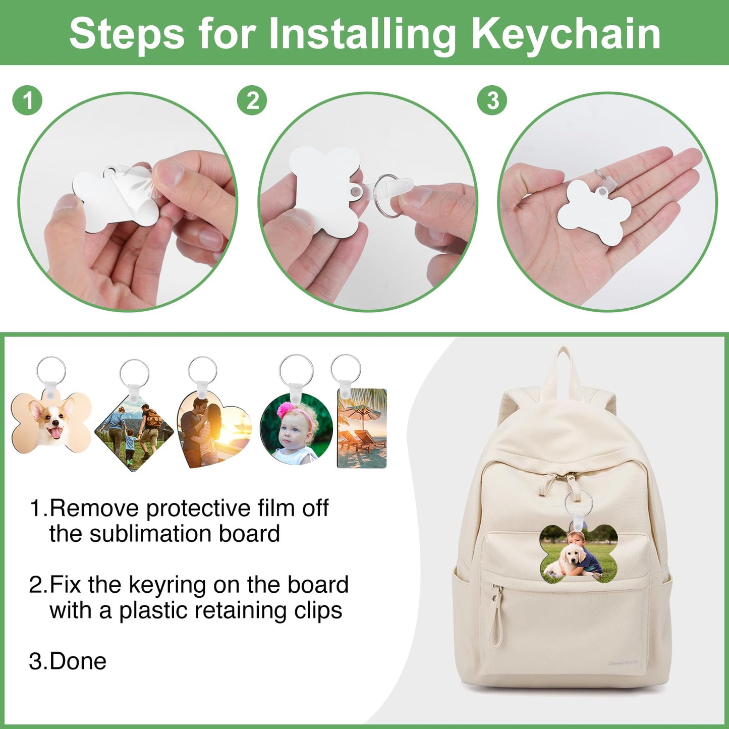 135Pcs Sublimation Keychain Blanks Bulk,MDF Keychain Double Sided Heat Transfer Keychain Board with Film,Key Rings, Plastic Retaining Clips for DIY and Craft(Round, Rectangle, Bone, Square, Heart)