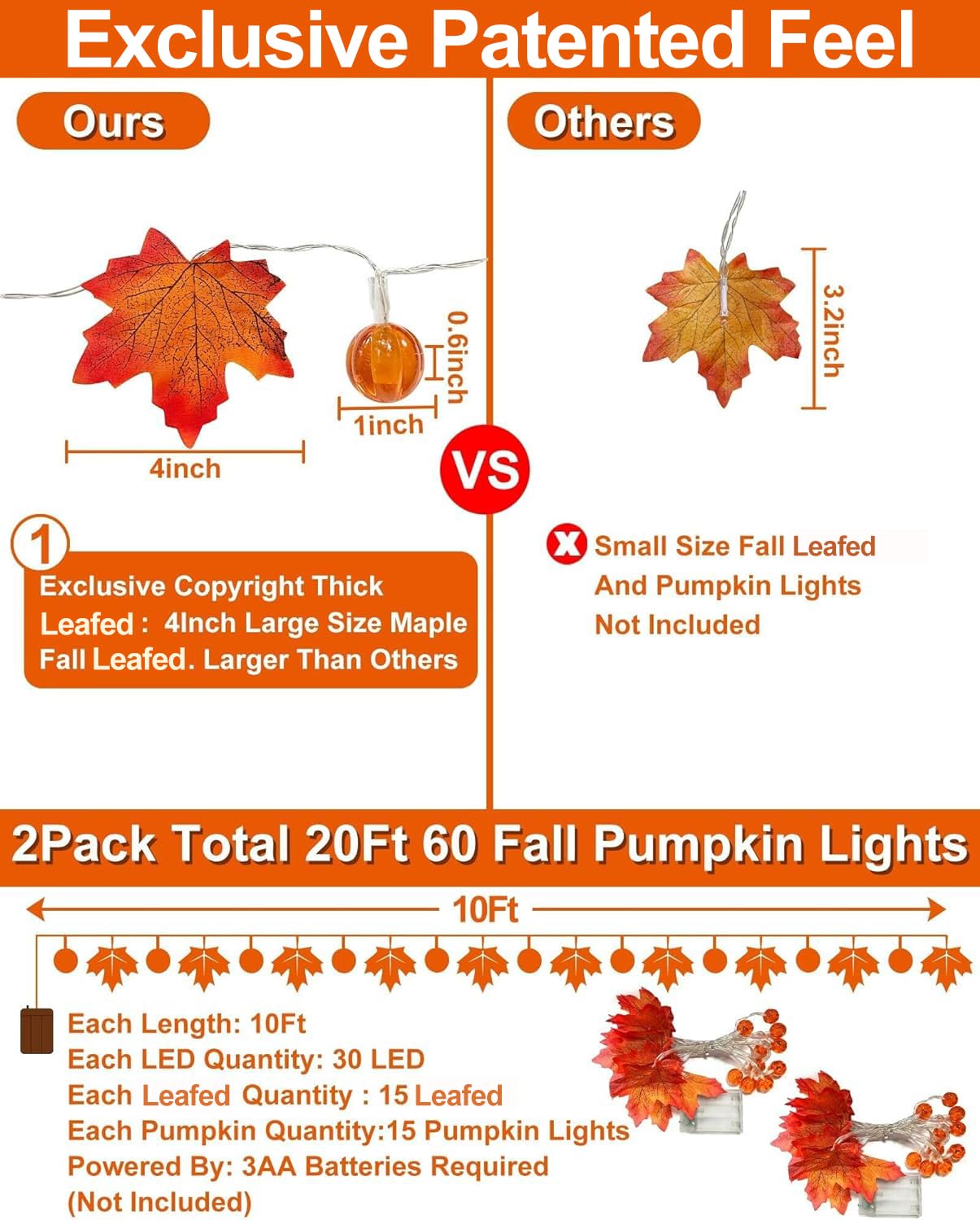 2 Pack Fall Garland with Pumpkin Lights Fall Decorations for Home 60 LED 20 Ft Enlarged Maples Leaves Fall Lights Battery Operated Thanksgiving Halloween Pumpkin Decorations Home Indoor Outdoor Party