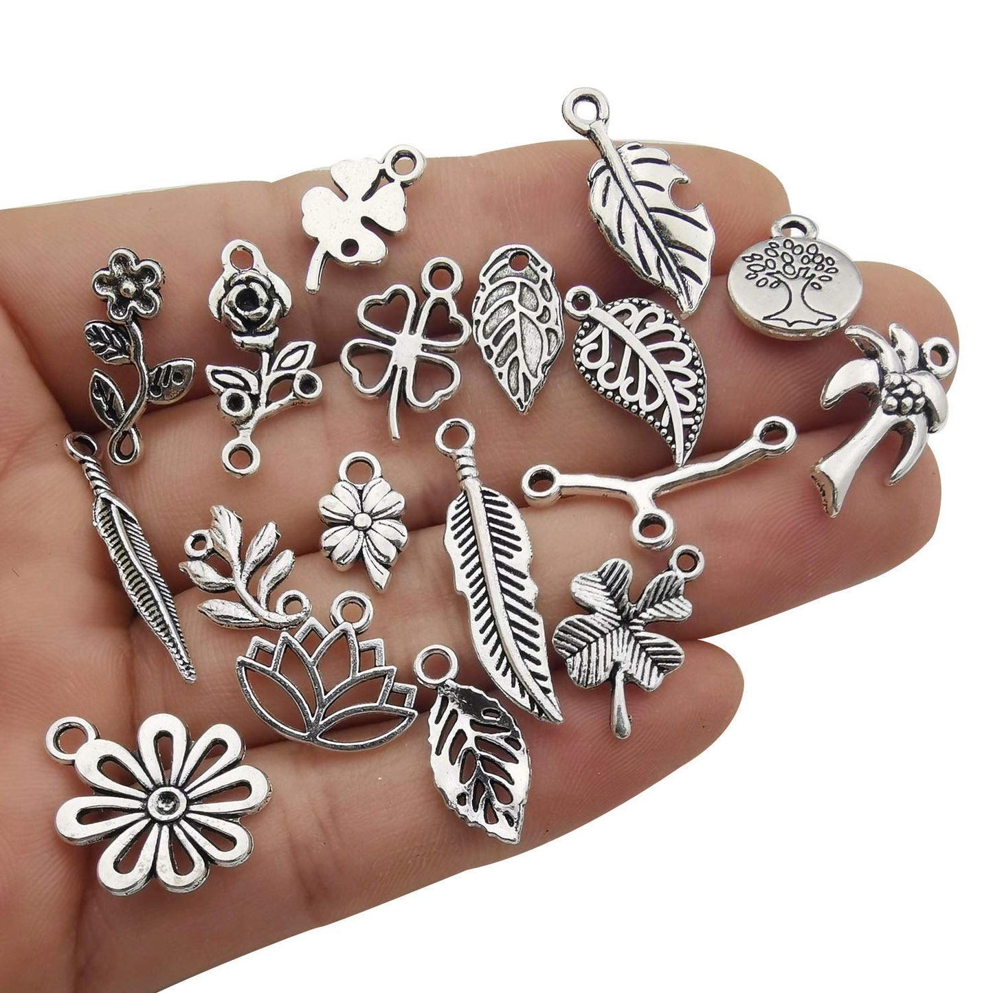 100pcs Mix Silver Tree Flower Charms Collection, Bulk Mini Small Little Charms Metal Pendant Craft Supplies Findings for Necklace and Bracelet Jewelry Making (HM291)