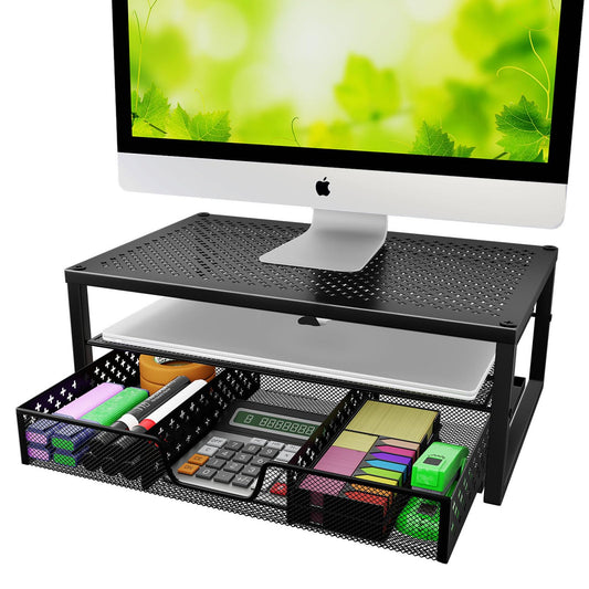 Metal Monitor Stand Riser and Computer Desk Organizer with Drawer for Laptop, Computer, iMac, Black