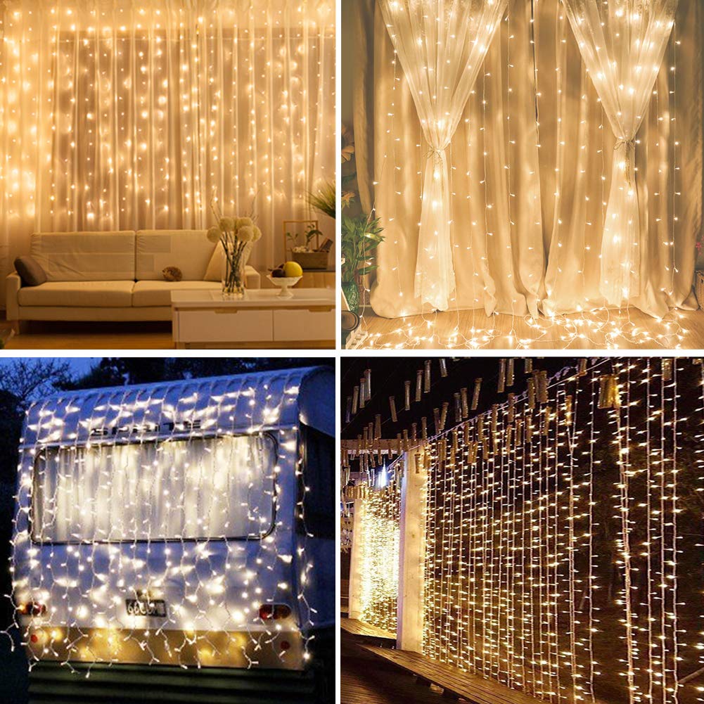 300 LED Window Curtain String Light for Christmas Wedding Party Home Garden Bedroom Outdoor Indoor Wall Decorations (Warm White)