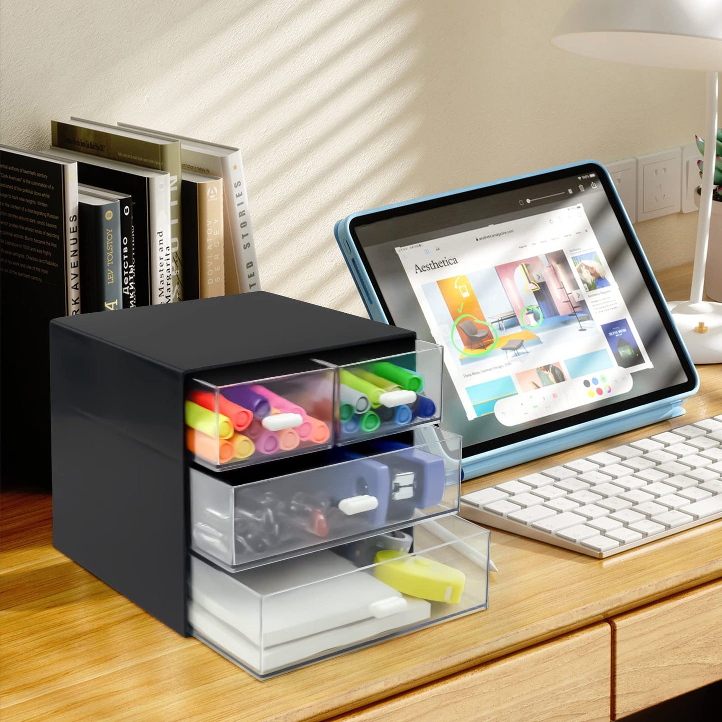 Desk Organizer with Drawer, Desk Storage Box, Plastic Office Stationery Supplies Organizers, Desktop Organizer for Office School Home (4 drawer, Black)