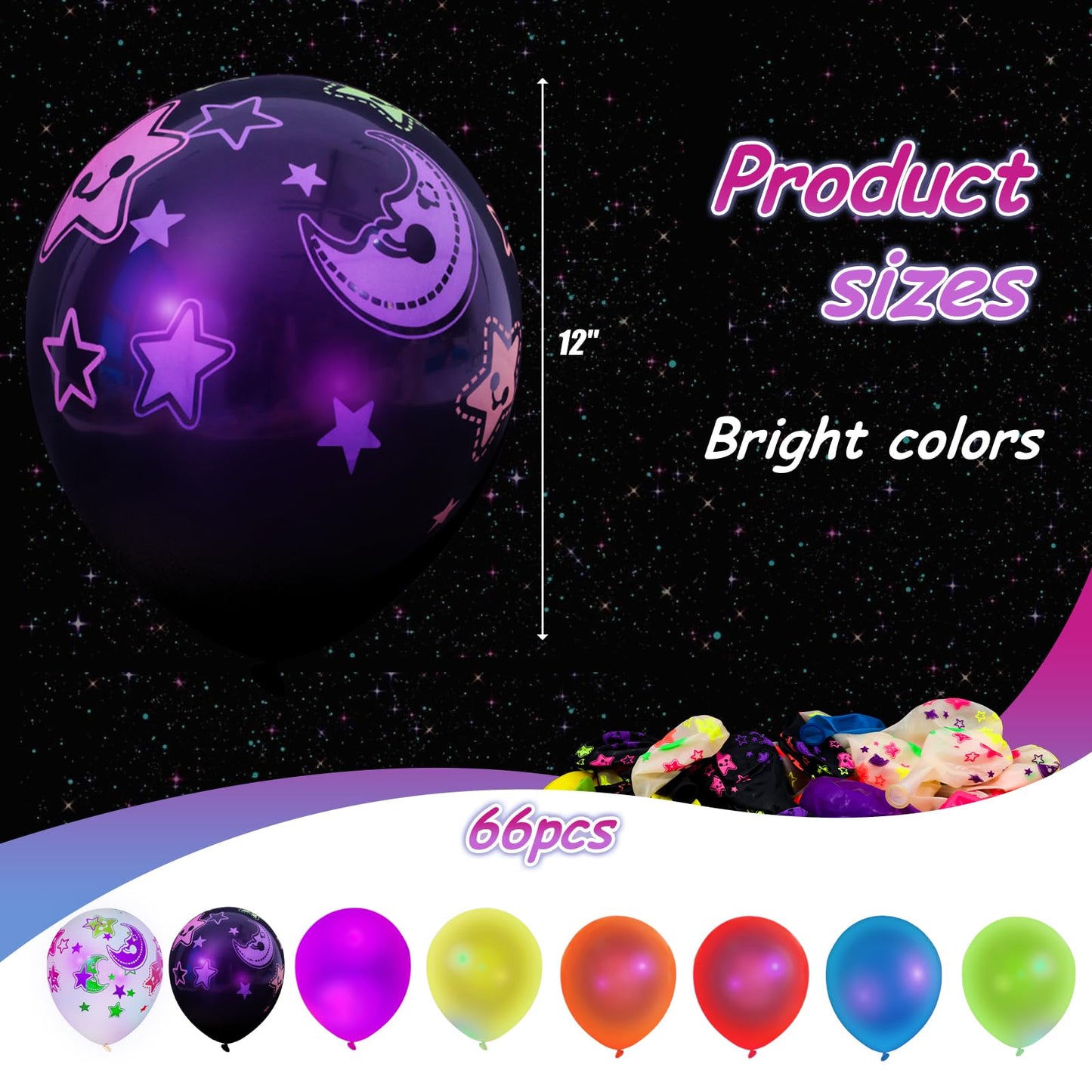 66PCS Glow Balloons Assorted, 12"" UV Neon Party Latex Balloons Moon Stars Fluorescent Balloons for Birthday Wedding Glow Party Supplies, Medium