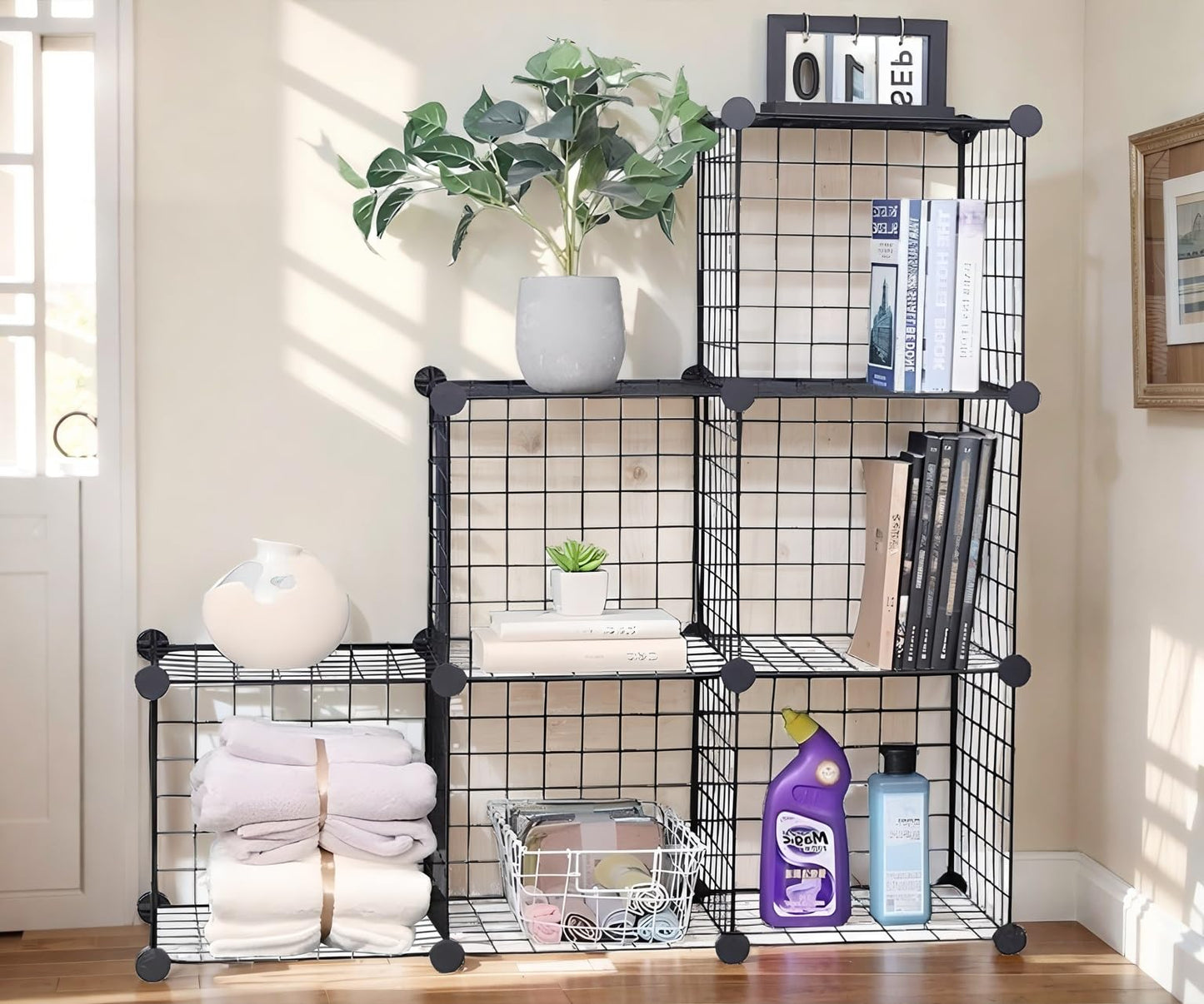 Cube Storage Organizer,6 Cube Closet Organizers and Storage,Wire Metal Grids Bookshelf,Stackable Modular Shelves,Cube Storage Organizer Bins for Home,Office,Kids Room,Black