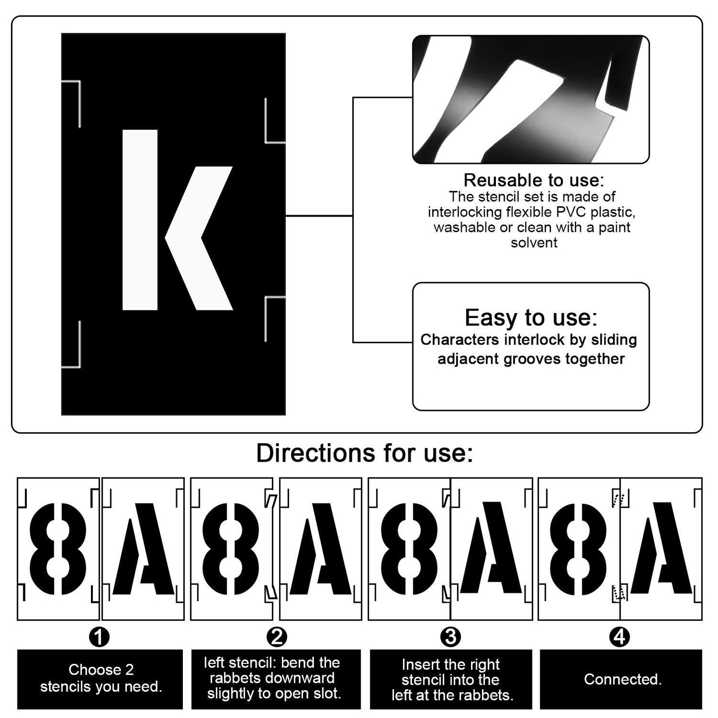 Painting Stencil Set, 1 inch Plastic Letters and Numbers Interlocking Stencil Kit 138 Pieces, Black