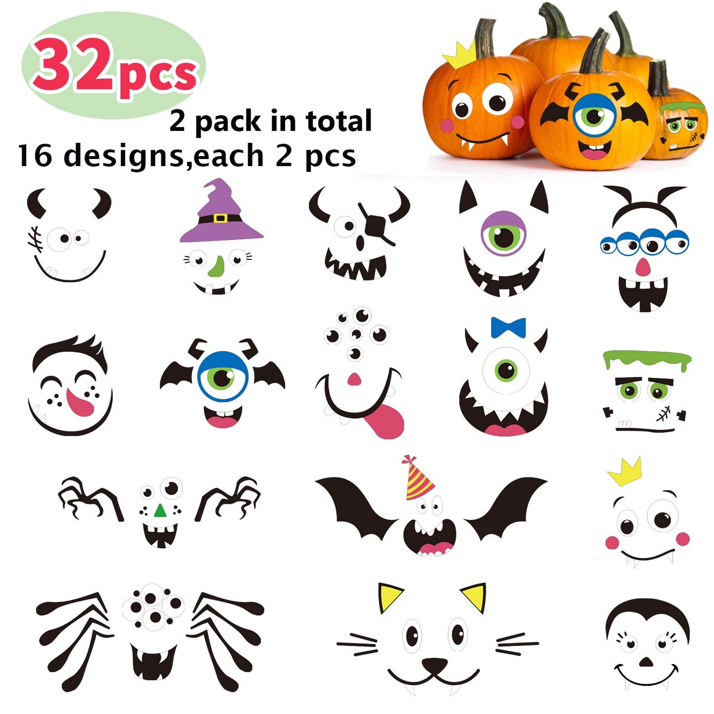 Foam Pumpkin Decorations Craft Kit,32 Pcs Halloween DIY Pumpkin Face Stickers for Kids Halloween Party Decoration 2 Pack