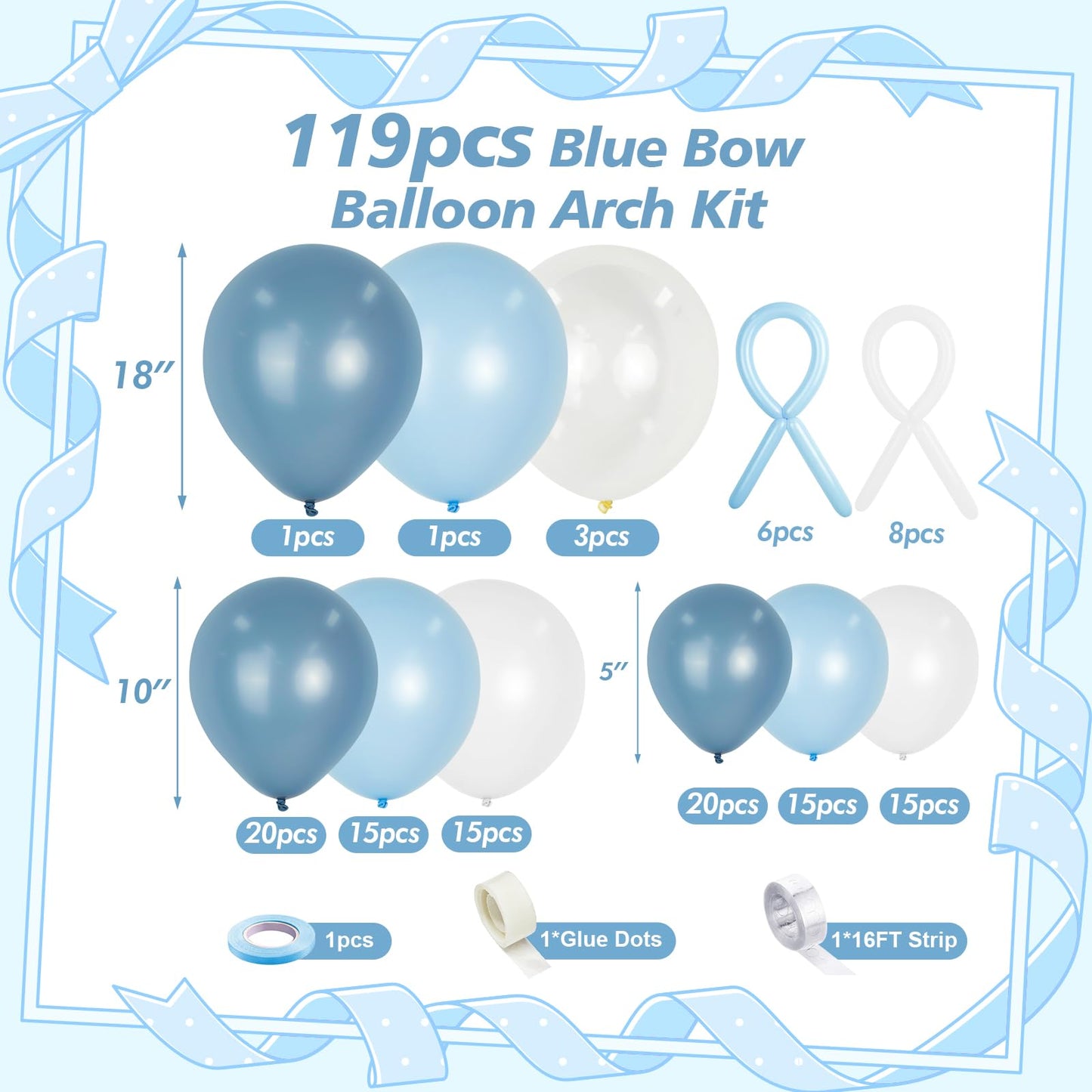 Dusty Blue Bow Balloon Arch Kit, 119Pcs 18/10/5 Inch Light Blue Clear White Balloons Garland Arch Kit for Boys Birthday, Baby Shower, Gender Reveal, Wedding Decoration