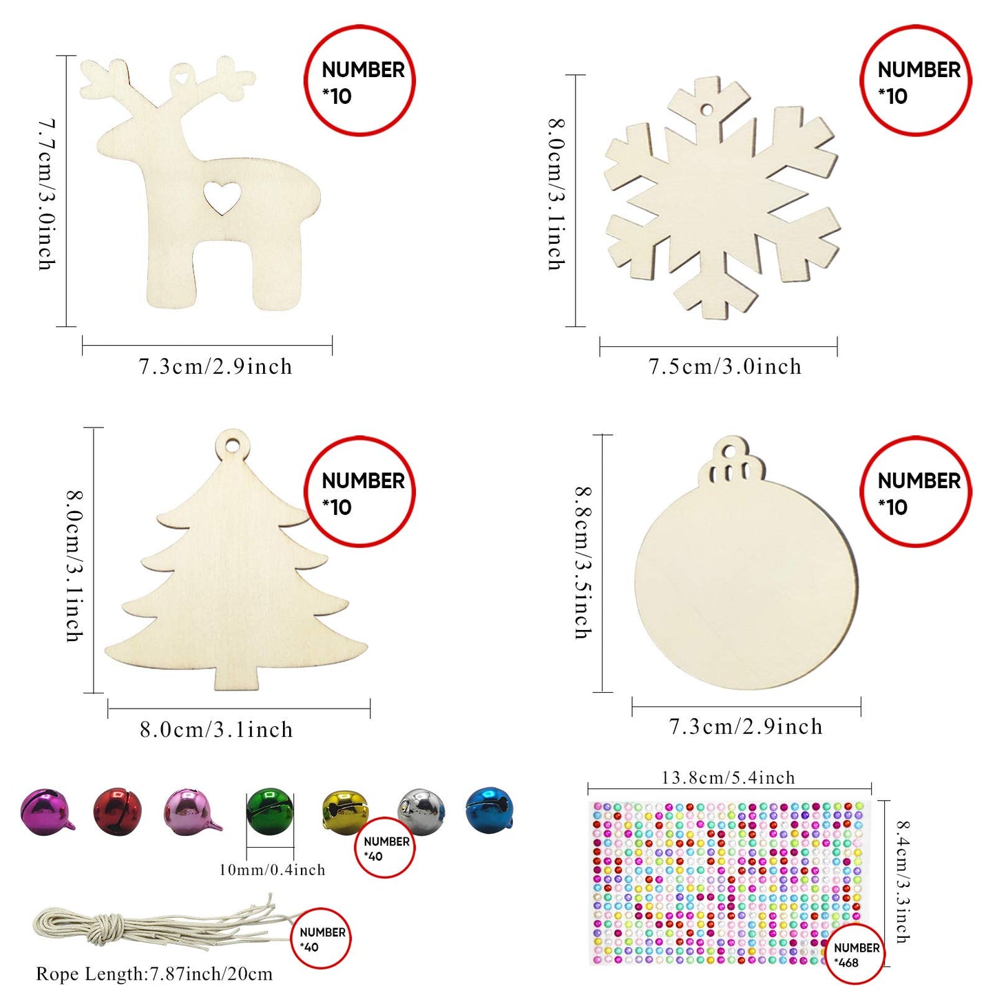 40 Pcs Wooden Ornaments Unfinished Christmas DIY Ornaments Craft Kit, Christmas Wood Ornaments with Bells, Wax Rope and Rhinestone Stickers for Children Arts and Crafts Supplies