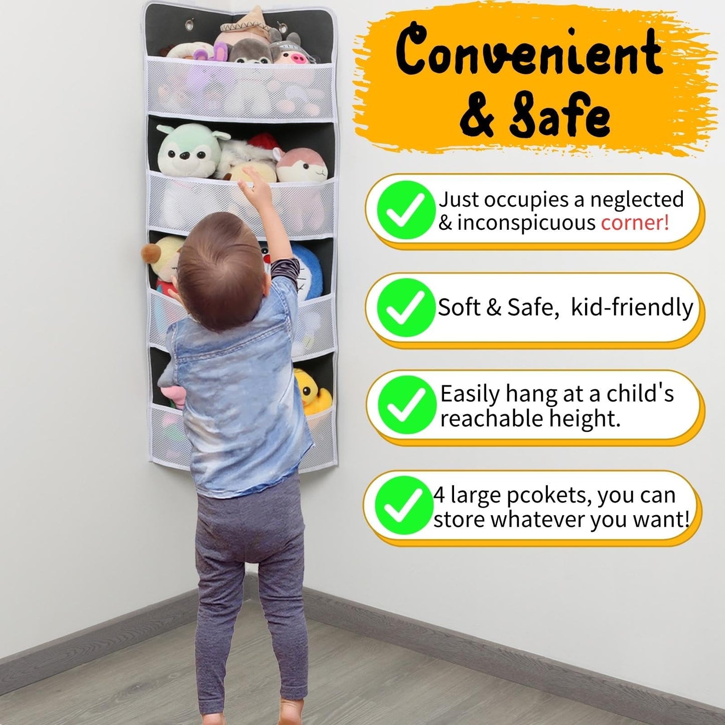 Soft Corner Shelf | Safe Hanging Organizer | Child-Friendly Wall Mount Storage | for Sundries, Toys, Stuffed Animals, Diapers | for Pantry Closet Bedroom Nursery Organization 1-Pack