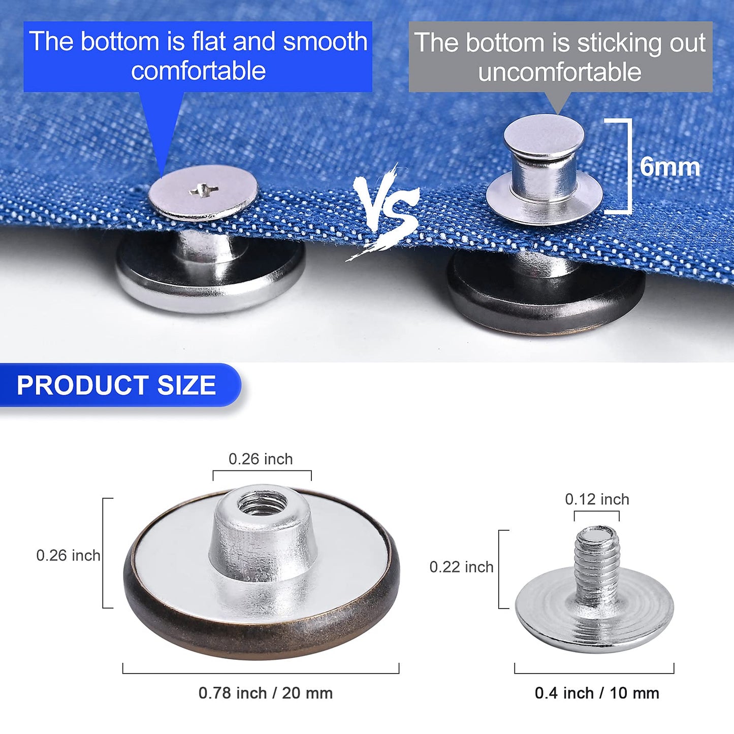 12 Sets Adjustable Buttons for Jeans, 20mm No Sew Instant Metal Buttons, Removable Jean Buttons Replacement Repair Kit with Threads Rivets and Screwdriver