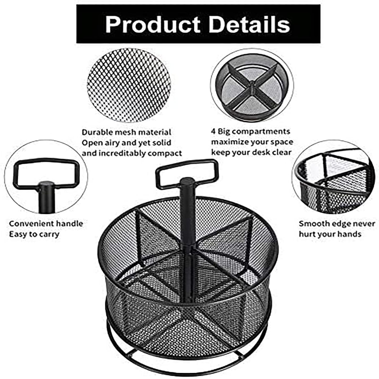 Mesh Desk Organizer, 360-Degree Rotating Multi-Functional Pen Holder, 4 Compartments Desktop Stationary Organizer, Home Office Art Supply Storage Box Caddy (Black)