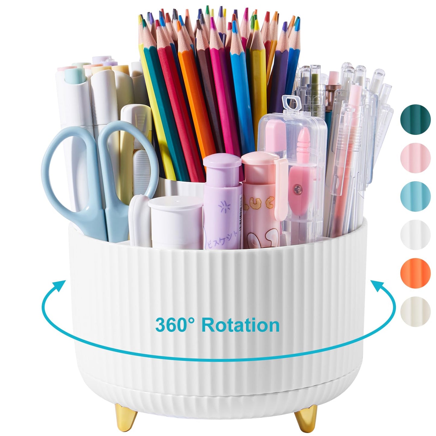 Desk Pencil Pen Holder - 5 Slot 360 Degree Rotating Desk Pen Organizer for Desktop Storage Stationery Supplies Cup Pot - White
