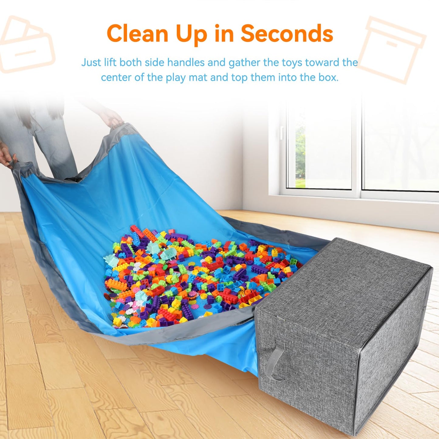 Toy Storage Organizer and Play Mat- 2-in-1 Toy Storage Chest Bin for Kids, Stackable and Foldable Cube Toy Basket Box for Boys & Girls, Large Building Blocks Storage Holder for Playroom,Grey