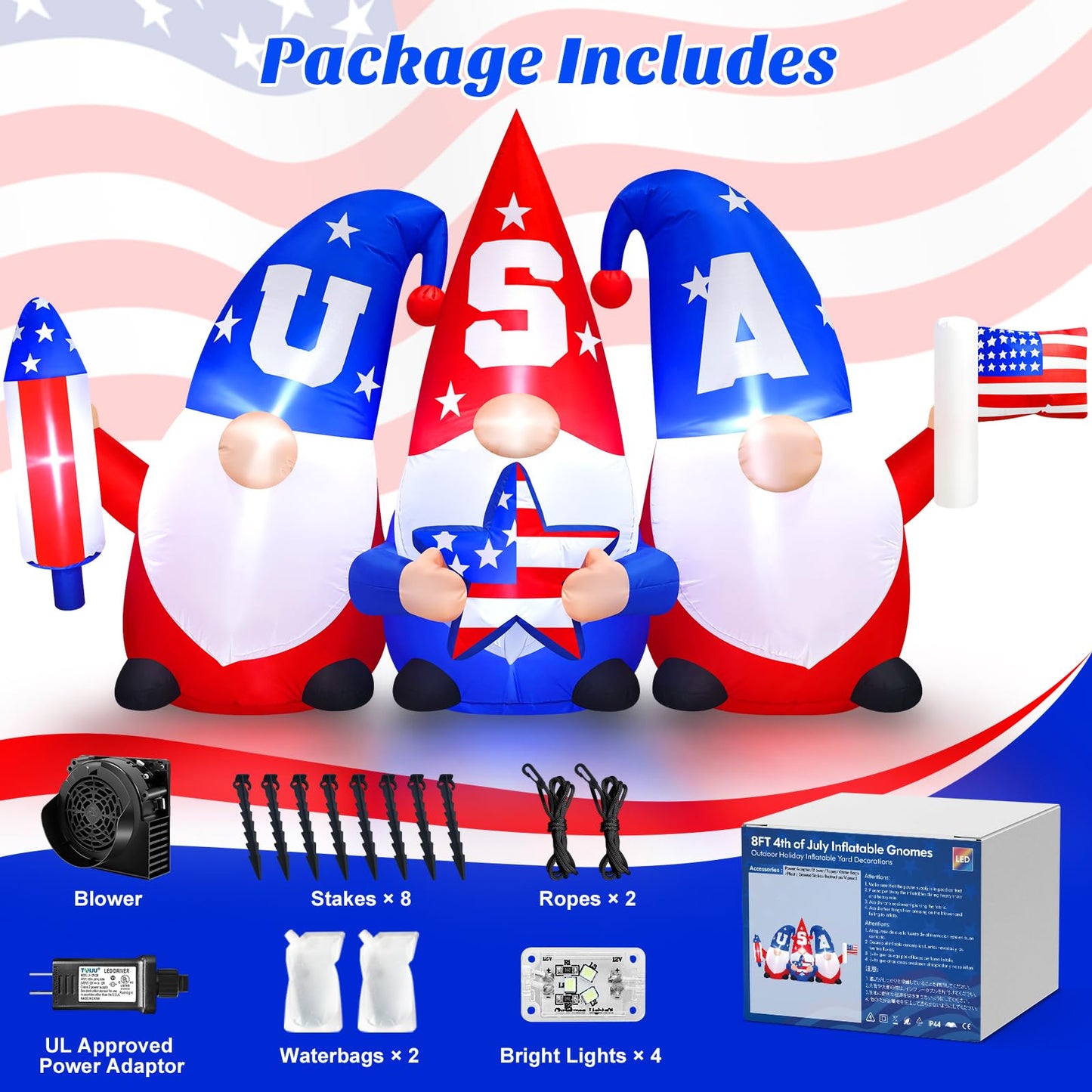 8 FT Long Patriotic 4th of July Inflatables Outdoor Decorations Independence Day 3 Gnomes Holding Flag, Rocket and Star, Built in LED Lights Blow Up Yard Decor for Memorial Day, Lawn, Garden, Party