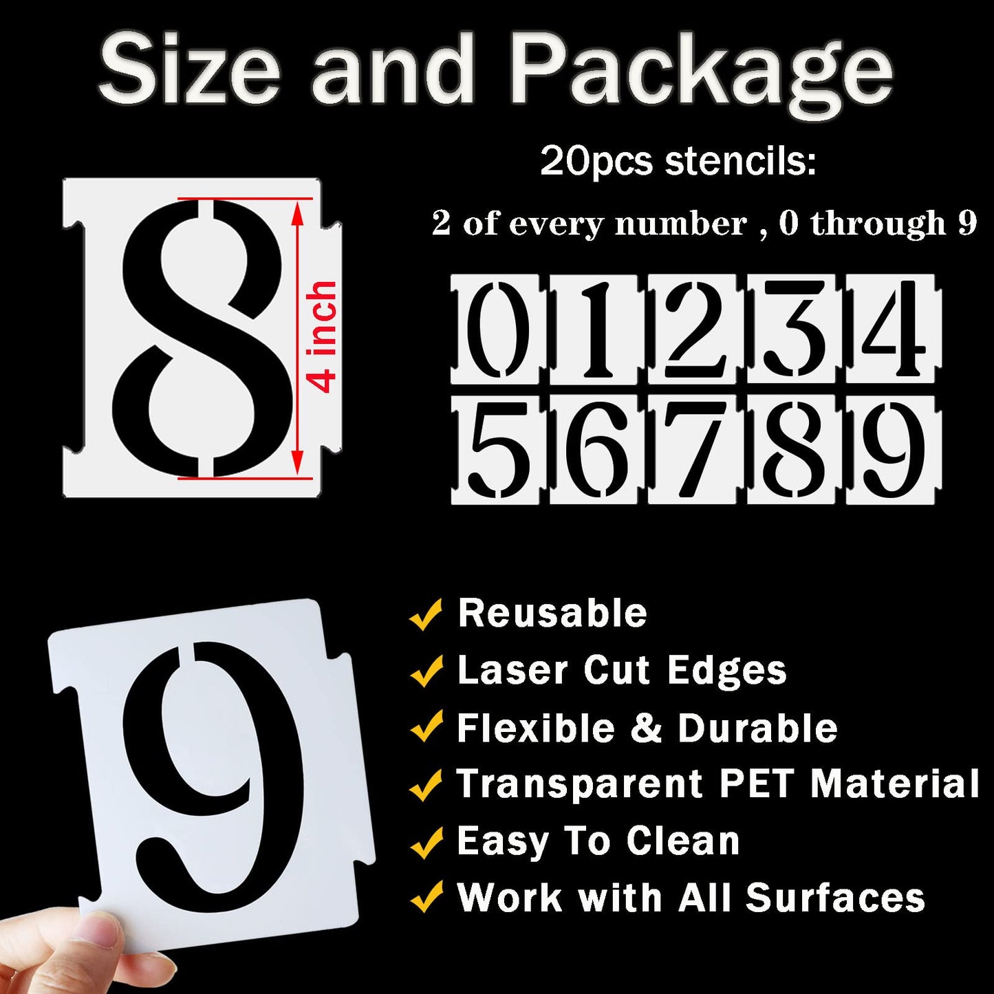 4 Inch Curb Stencil Kit 0-9 Address Number Stencils, 20Pcs Reusable 14 Mil Mylar Plastic Templates for Painting on Road, Wall, Wood, Mailbox