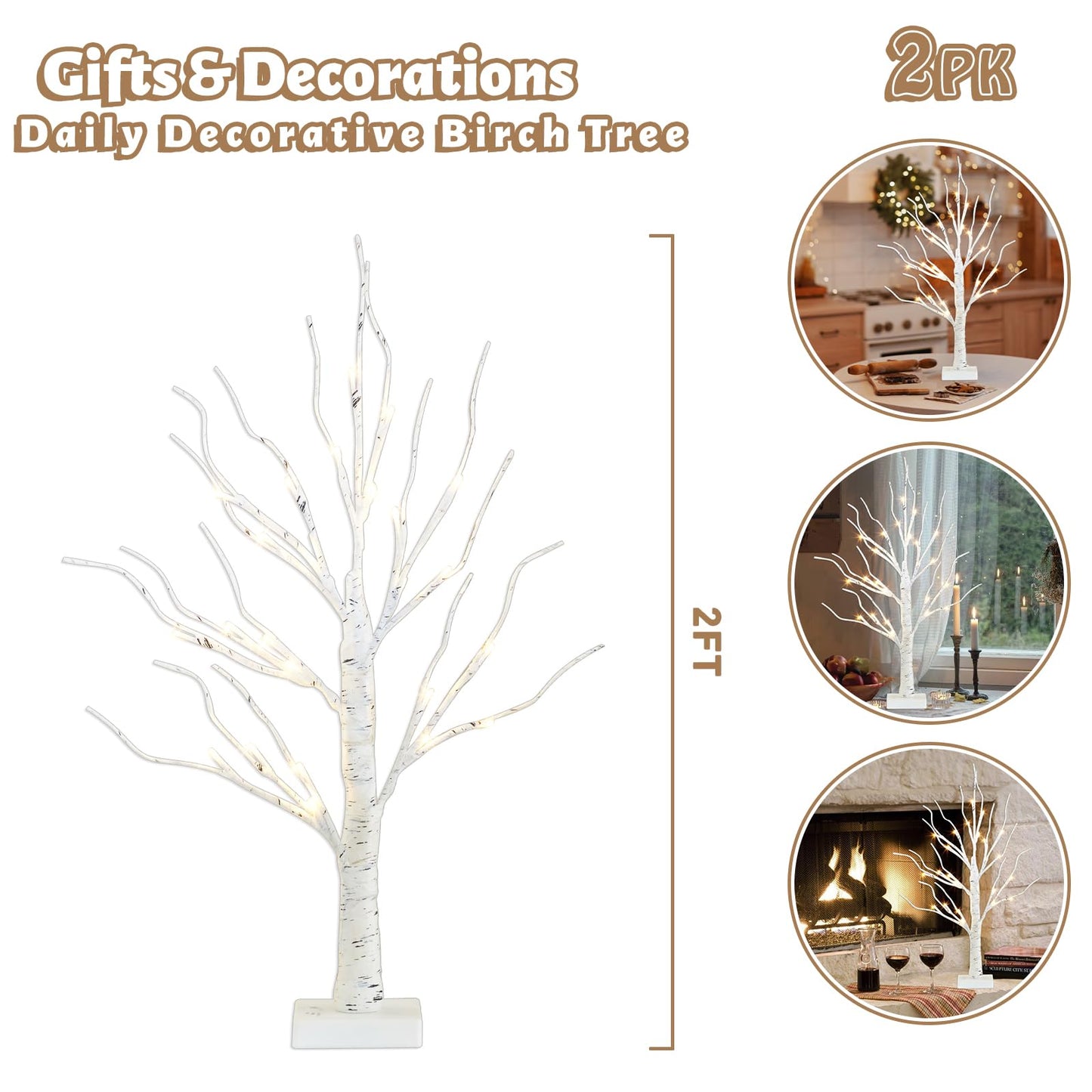 Home Decor, 2FT Birch Tree with LED Lights, Warm White Light up Tree Lamp, Artificial Trees for Home Table Inside, Mother's Day Gift, Battery Powered, Timer (2PK)