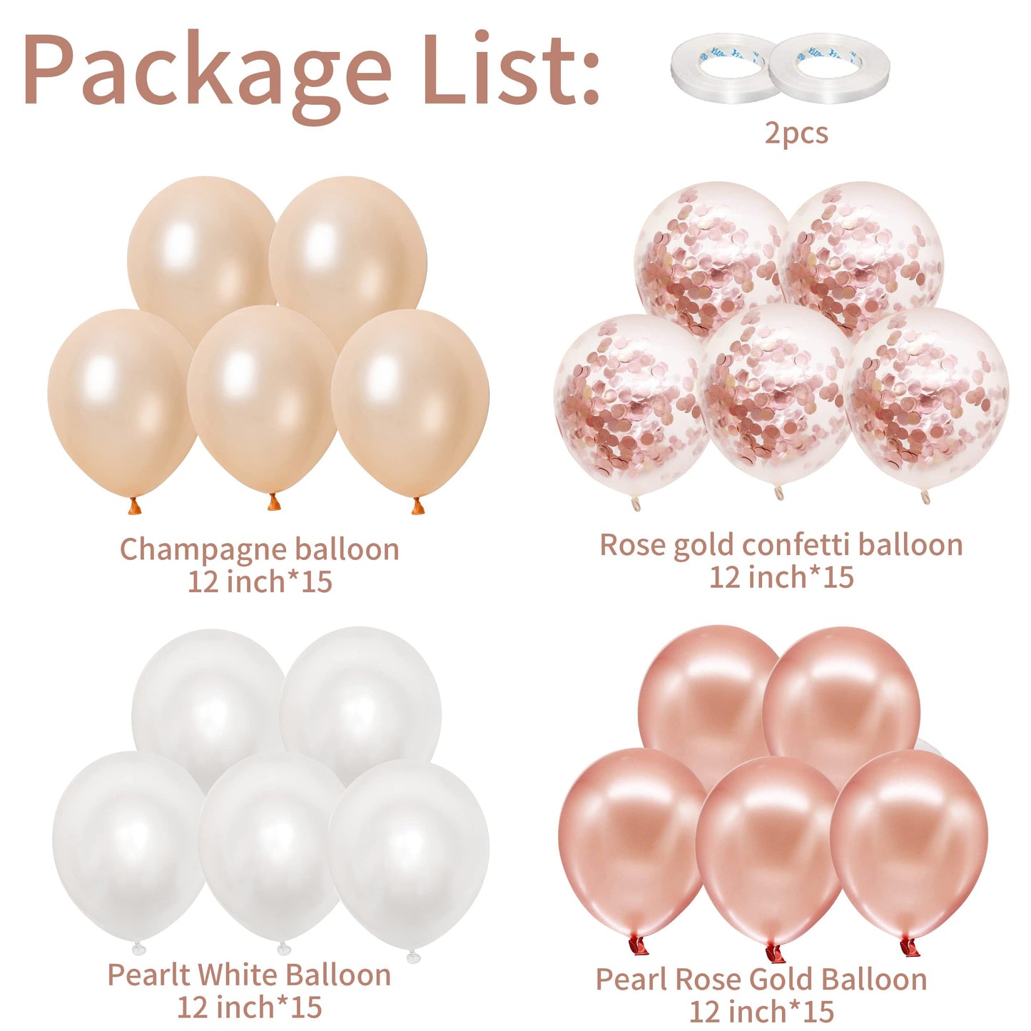 Rose Gold Balloons, 60PCS 12inch Rose Gold White Champagne Latex Balloon Confetti Balloons with Ribbon for Wedding, Baby Shower, Birthday, Engagement, Bridal Shower, Princess Party