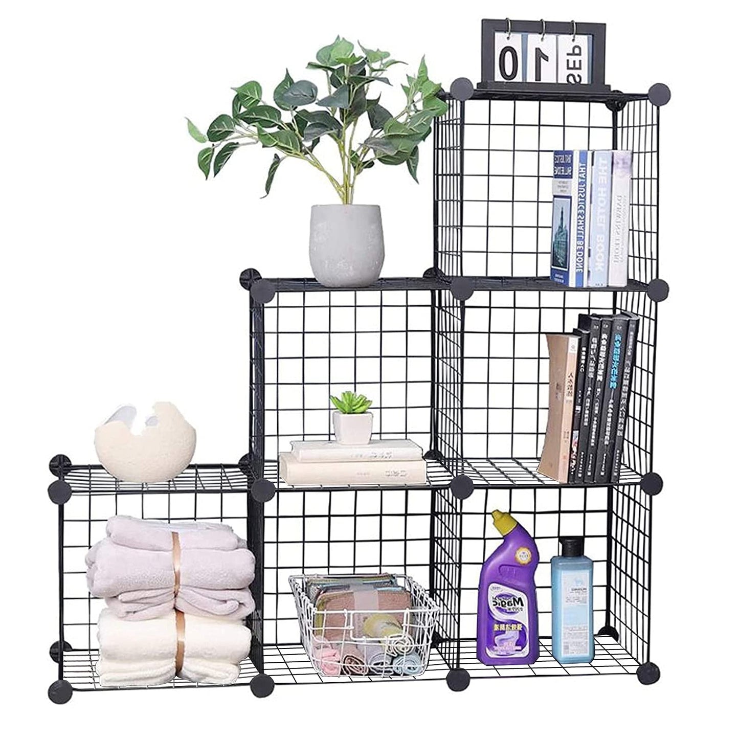 Cube Storage Organizer,6 Cube Closet Organizers and Storage,Wire Metal Grids Bookshelf,Stackable Modular Shelves,Cube Storage Organizer Bins for Home,Office,Kids Room,Black