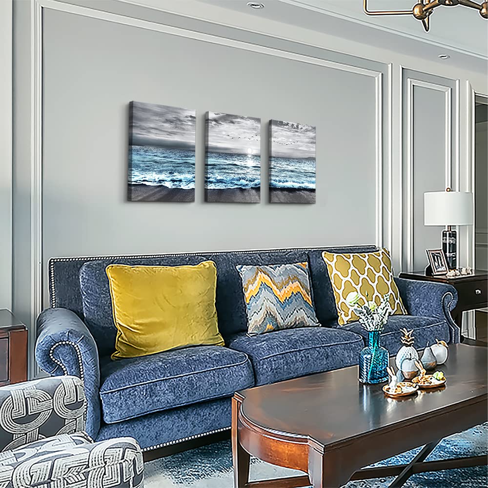 Wall Decorations For Living Room 3 Piece Framed Canvas Wall Art For Bedroom Office Wall Decor Black And White Beach Wall Painting Blue Ocean Wave Pictures Artwork Modern Posters Home Decor