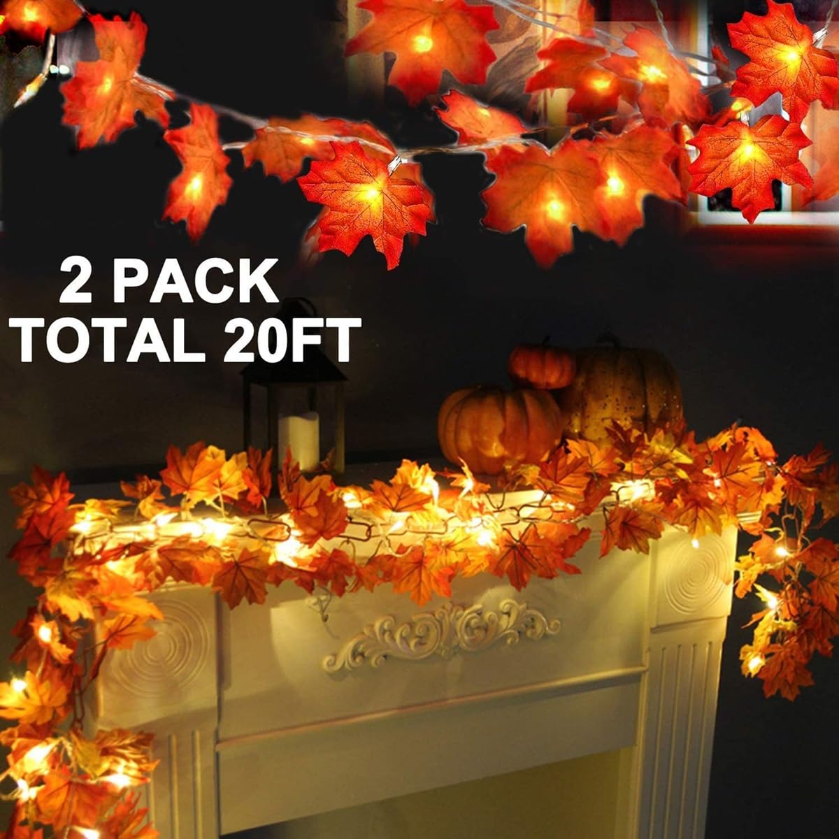 2 Pack Fall Decor Enlarged Maples Leafed Fall Decorations for Home Fall Lights Thick Leafs Garlands, Total 20Ft 40LED Battery Operated Waterproof Thanksgiving Halloween Decor Indoor Outdoor