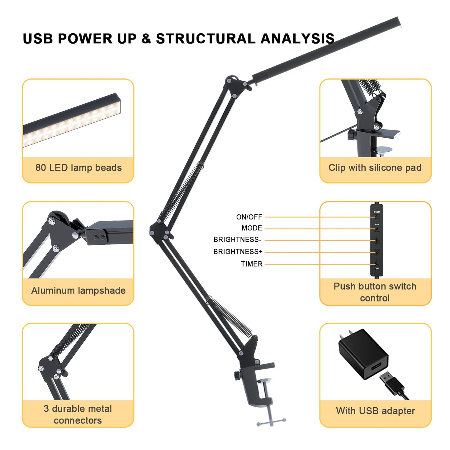 LED Desk Lamp for Home Office, Clamp-On with 5 Light Modes & Auto Shut Off | 14W Adjustable Brightness 5000K Eye-Caring Lighting for Study/Bedroom/Computer Desk
