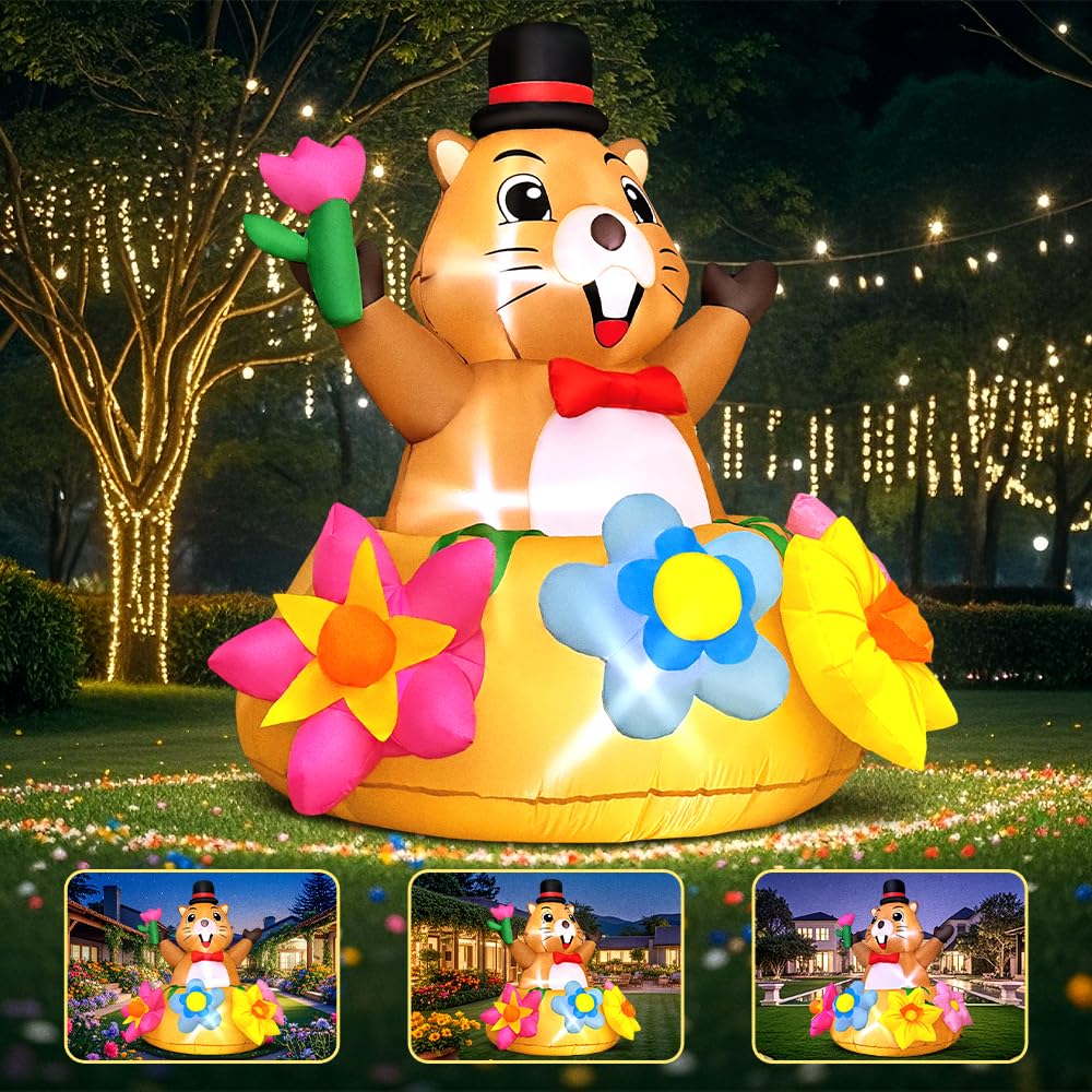 4 FT Spring Inflatable Marmot Outdoor Decoration Blow up Animal Decoration, Built-in LED Lights for Spring Easter Yard Garden Lawn Party