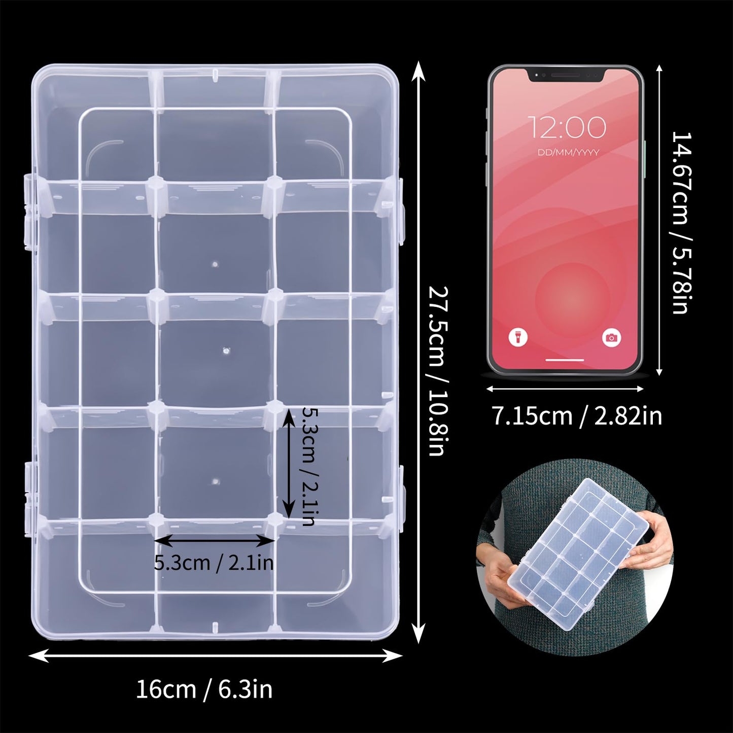 2 Pack 15 Girds Bead Organizer, Large Clear Plastic Organizer Box with Adjustable Dividers for Beads, Art DIY, Crafts, Jewelry, Fishing Tackle with Label Stickers