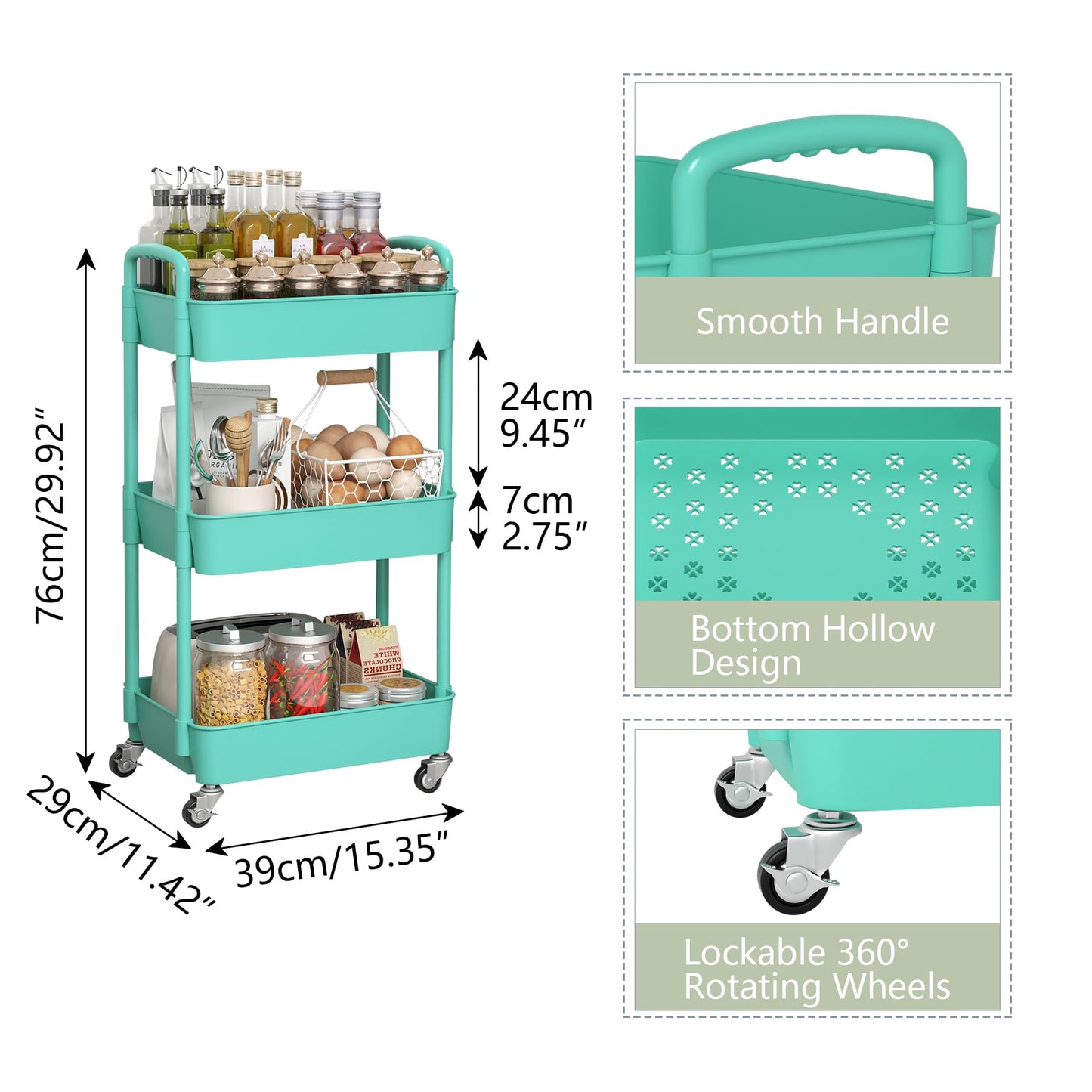 3-Tier Plastic Rolling Utility Cart with Handle, Multi-Functional Storage Trolley for Office, Living Room, Kitchen, Movable Storage Organizer with Wheels, Green