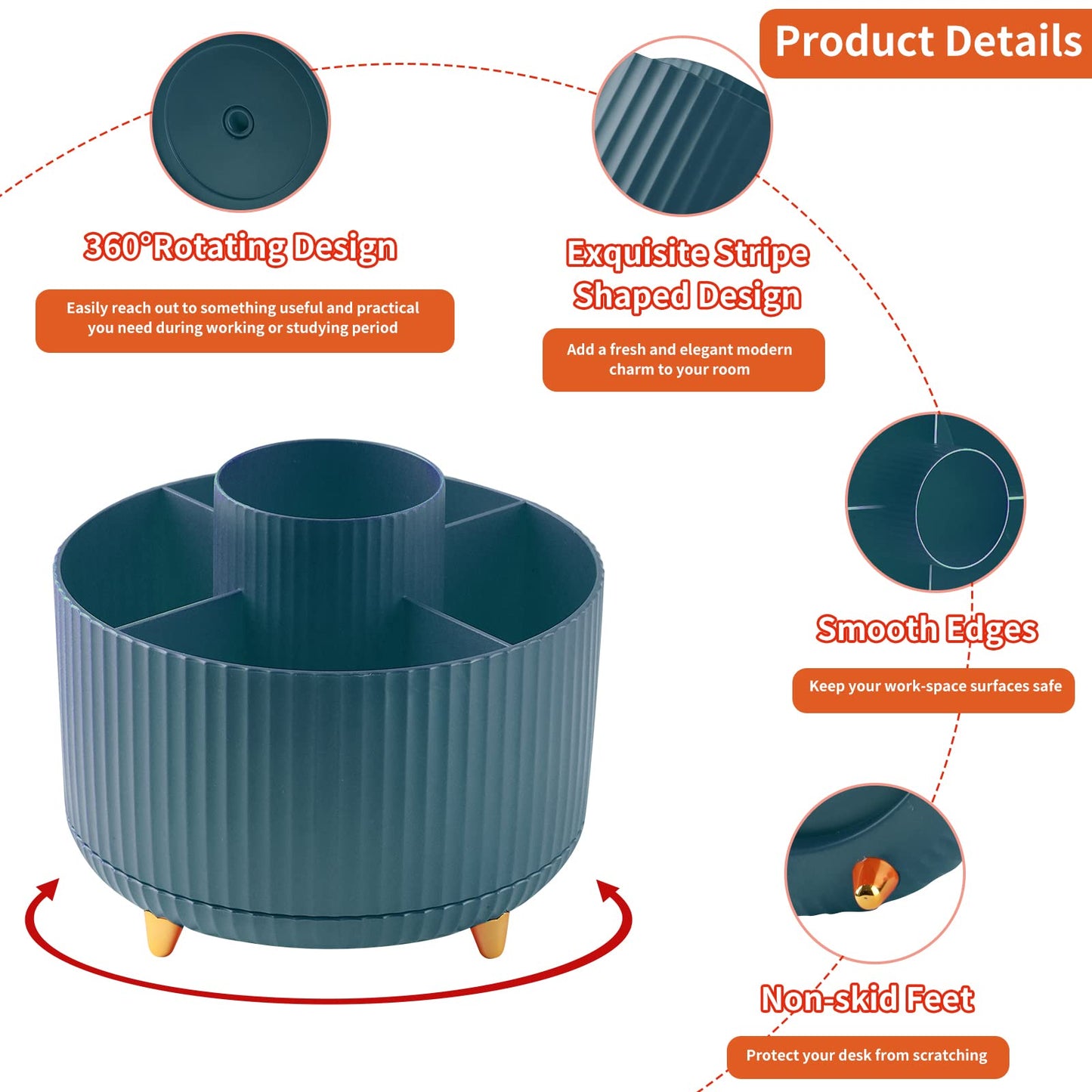 Desk Pencil Pen Holder, 5 Slots 360°Degree Rotating Pen Organizers for Desk, Desktop Storage Stationery Supplies Organizer, Cute Pencil Cup Pot for Office, School, Home, Art Supply, Dark Green