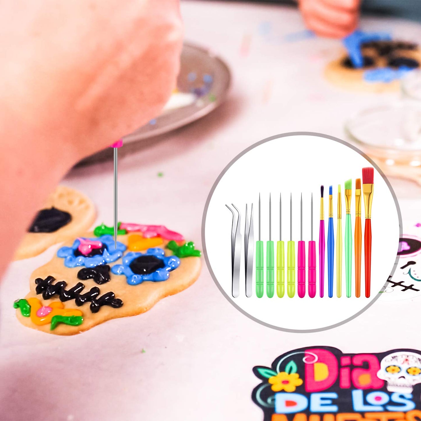 14 Pcs Cookie Decorating Tools Set Fondant Cake Decorating Brushes Scribe Cookie Tool Sugar Stir Needle Baking Elbow and Straight Tweezers for Sprinkles Supplies for Fondant