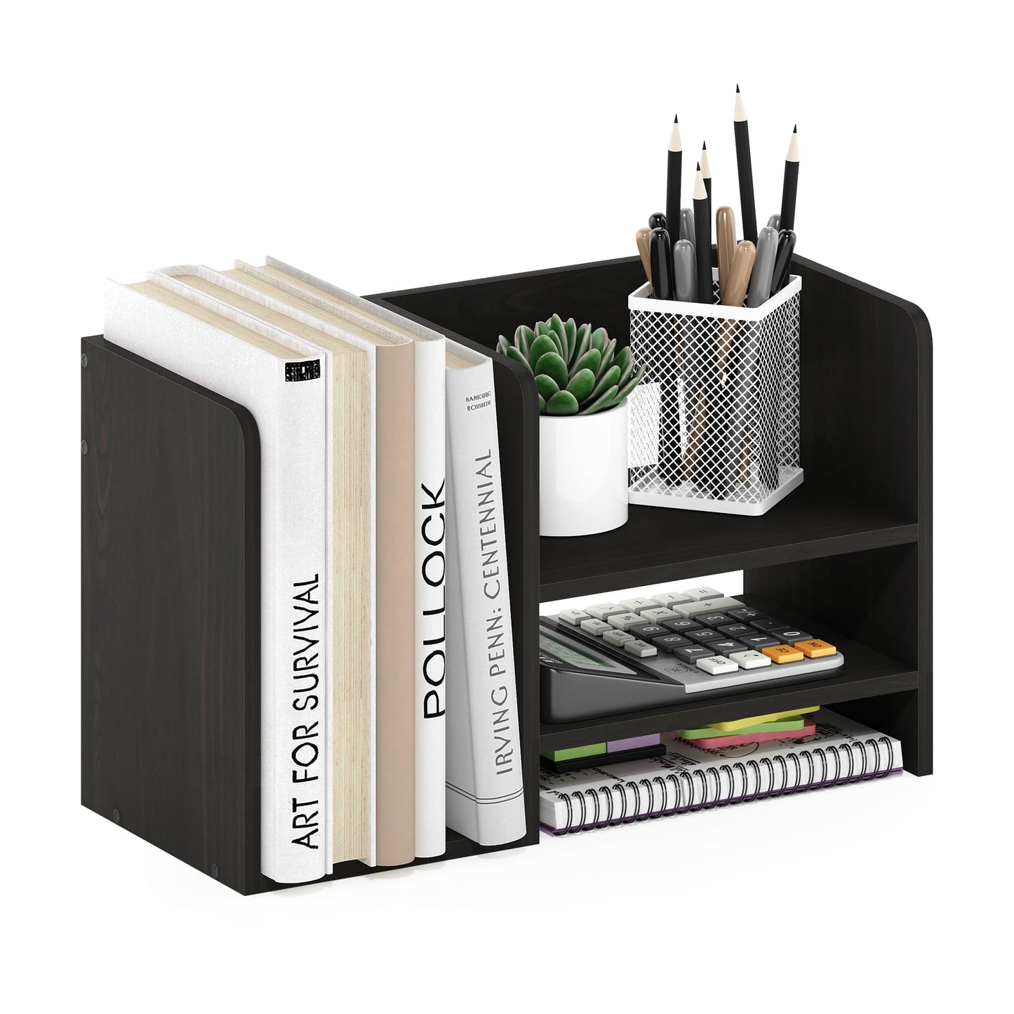 Hermite Wood Desktop Book and Home Office Supplies Storage Organizer, Espresso