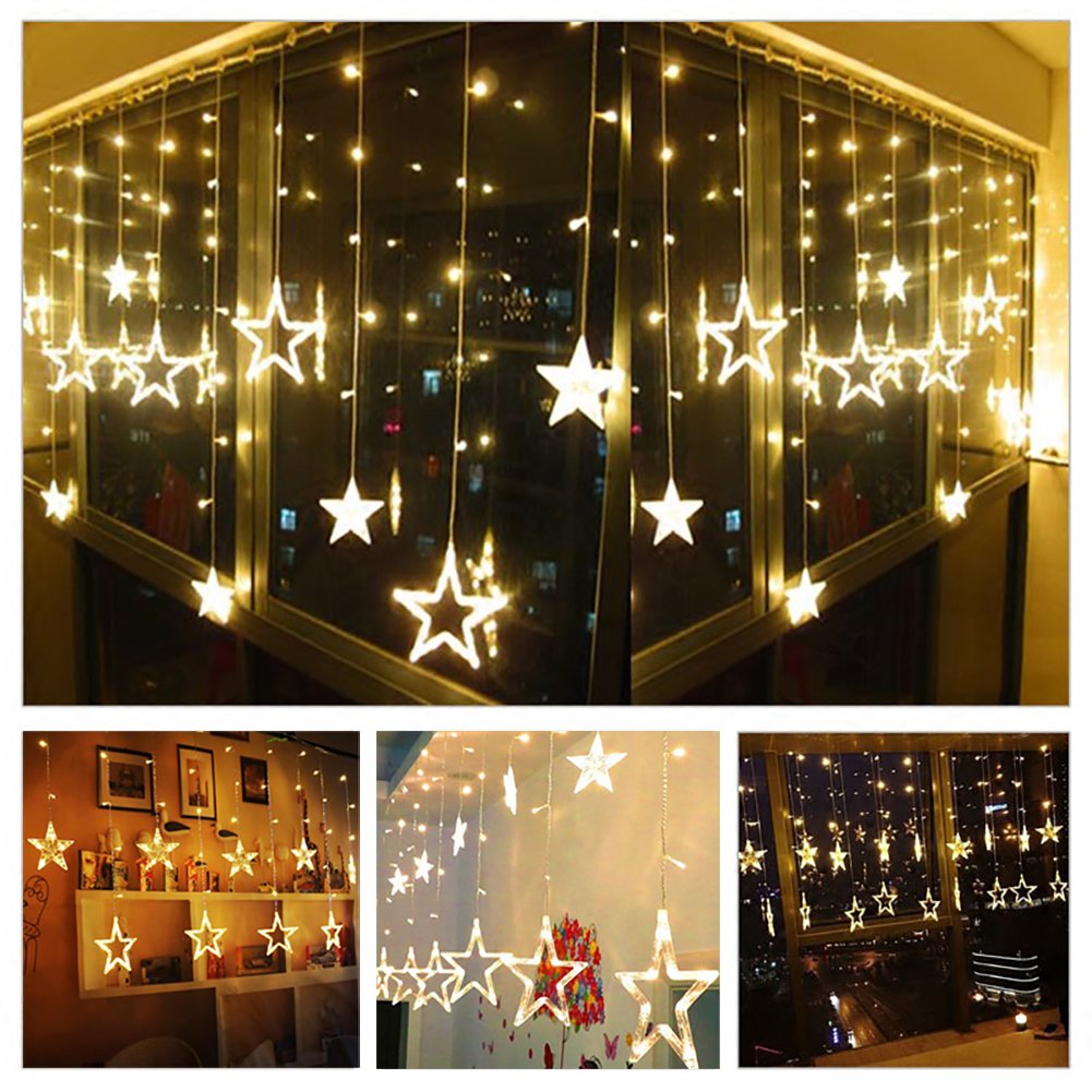 12 Stars 138 LED Curtain String Lights, Window Curtain Lights with 8 Flashing Modes Ramadan Decoration for Christmas, Wedding, Party, Home Decorations,Warm White
