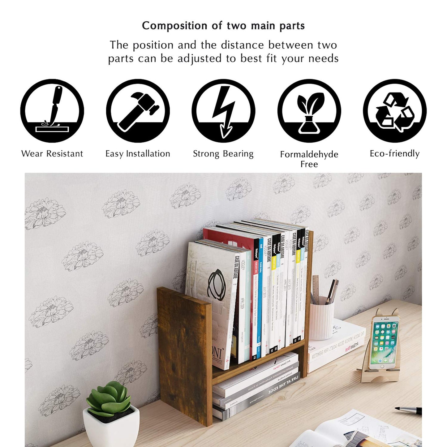 Desktop Organizer Office Storage Rack Adjustable Wood Display Shelf Free Style Double H Display True Natural Stand Shelf, Natural Wood Tone