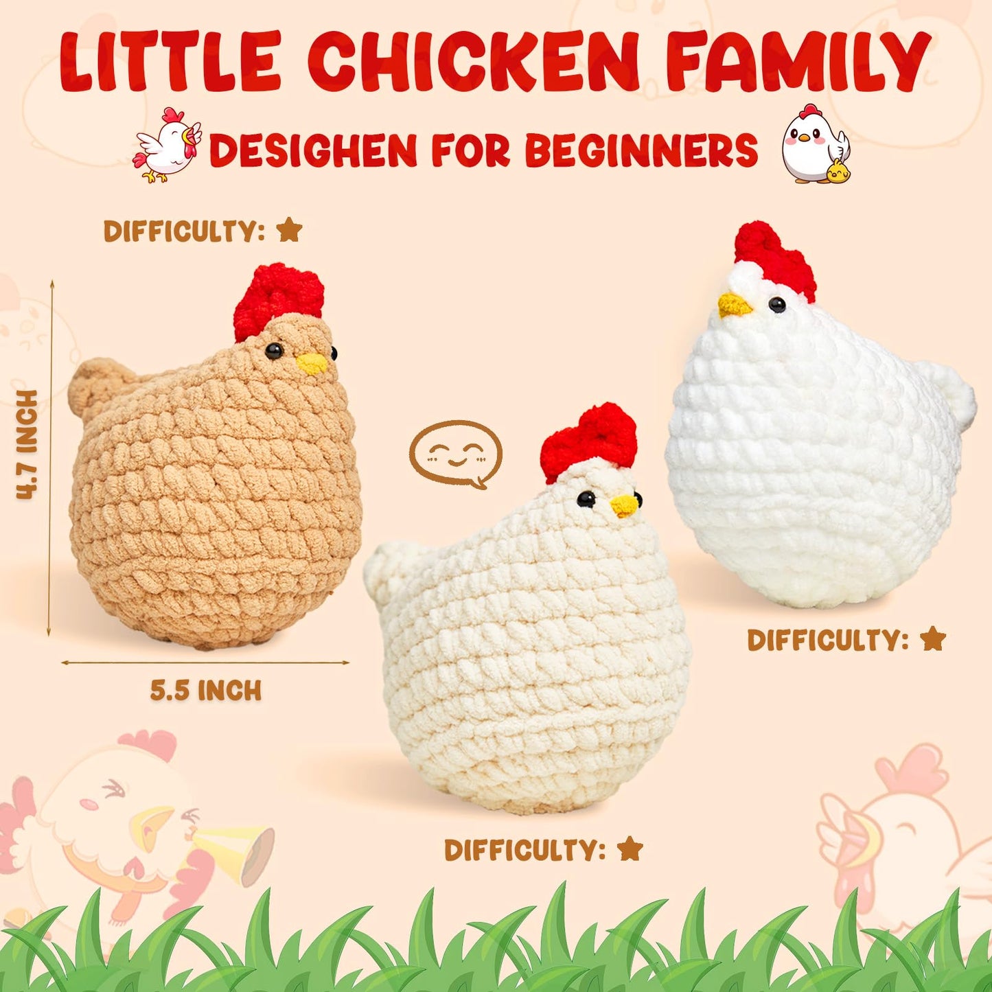 Crochet Kit for Beginners, Crochet Starter Kits for Adults Amigurumi Craft Knitting Crochet Animals Kits with Step-by-Step Video Tutorials, 3 Pcs Chicken (40%+ Yarn)
