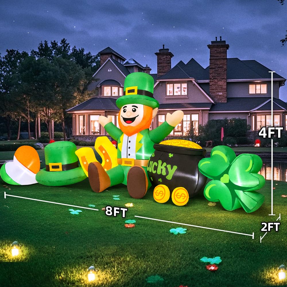 8 FT Long St Patricks Day Inflatables Outdoor Decorations,Inflatable Leprechaun with Clover & Gold Coins Combo Blow Up Yard Decorations for Holiday Party Yard Lawn Garden