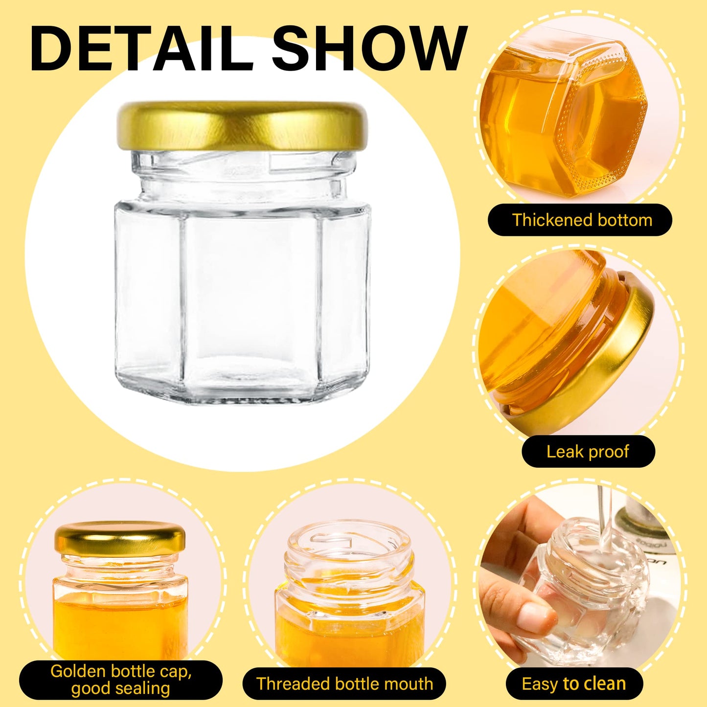 Mini Glass Honey jars-1.5 oz,30 pcs Hexagon Honey Jars with Wooden Dipper,Gold Lid,Bee Pendant,Rope,Mini Honey Jars with Dipper,Perfect for Baby Shower,Wedding Favors,Party Favors