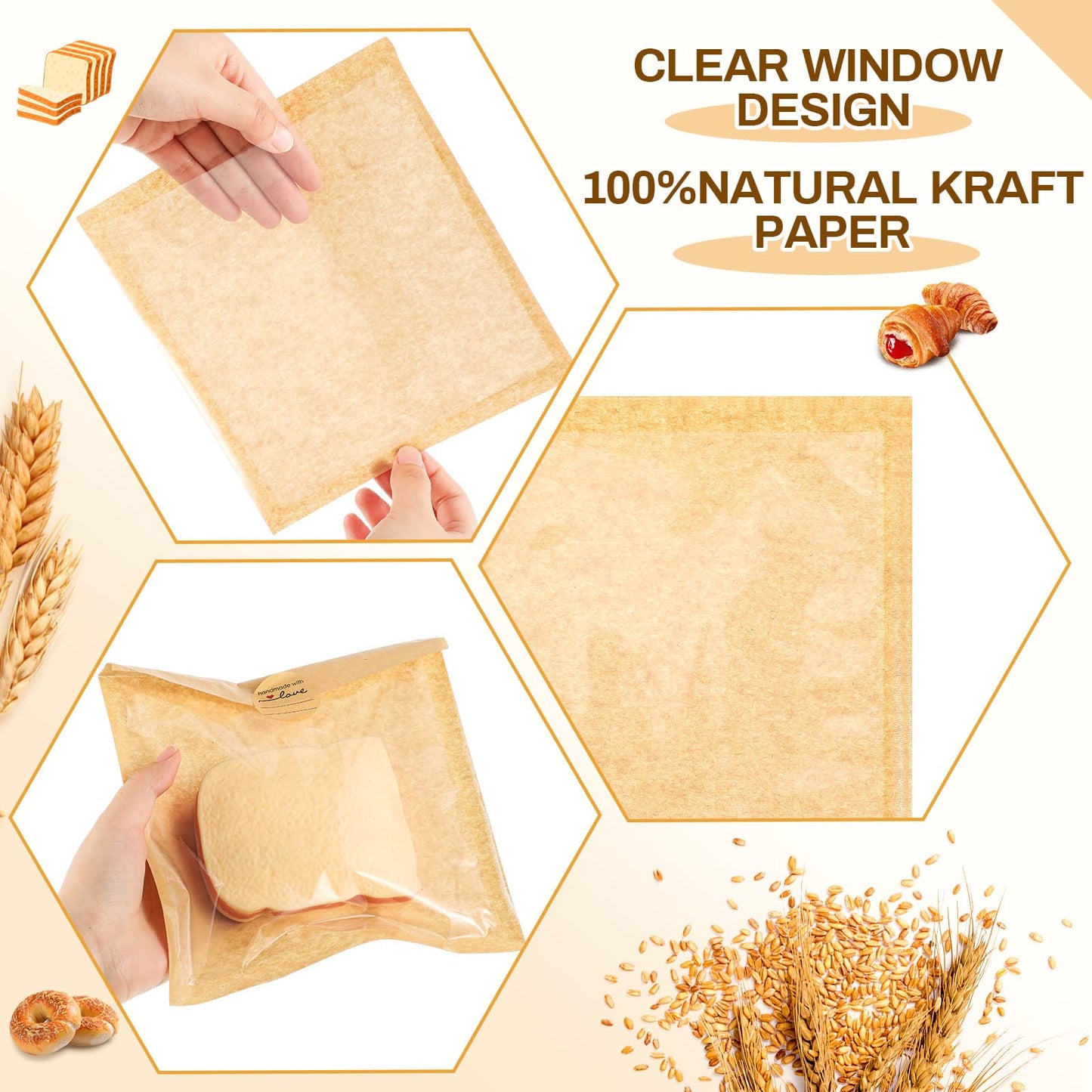 100 Pcs Heat Sealable Cookie Bags with Window Grease Resistant Kraft Bakery Pastry Bags with Paper Stickers for Packaging Donut Bread Cookie Goods Sandwich Baked Treat (7.1 x 7.5 Inch)