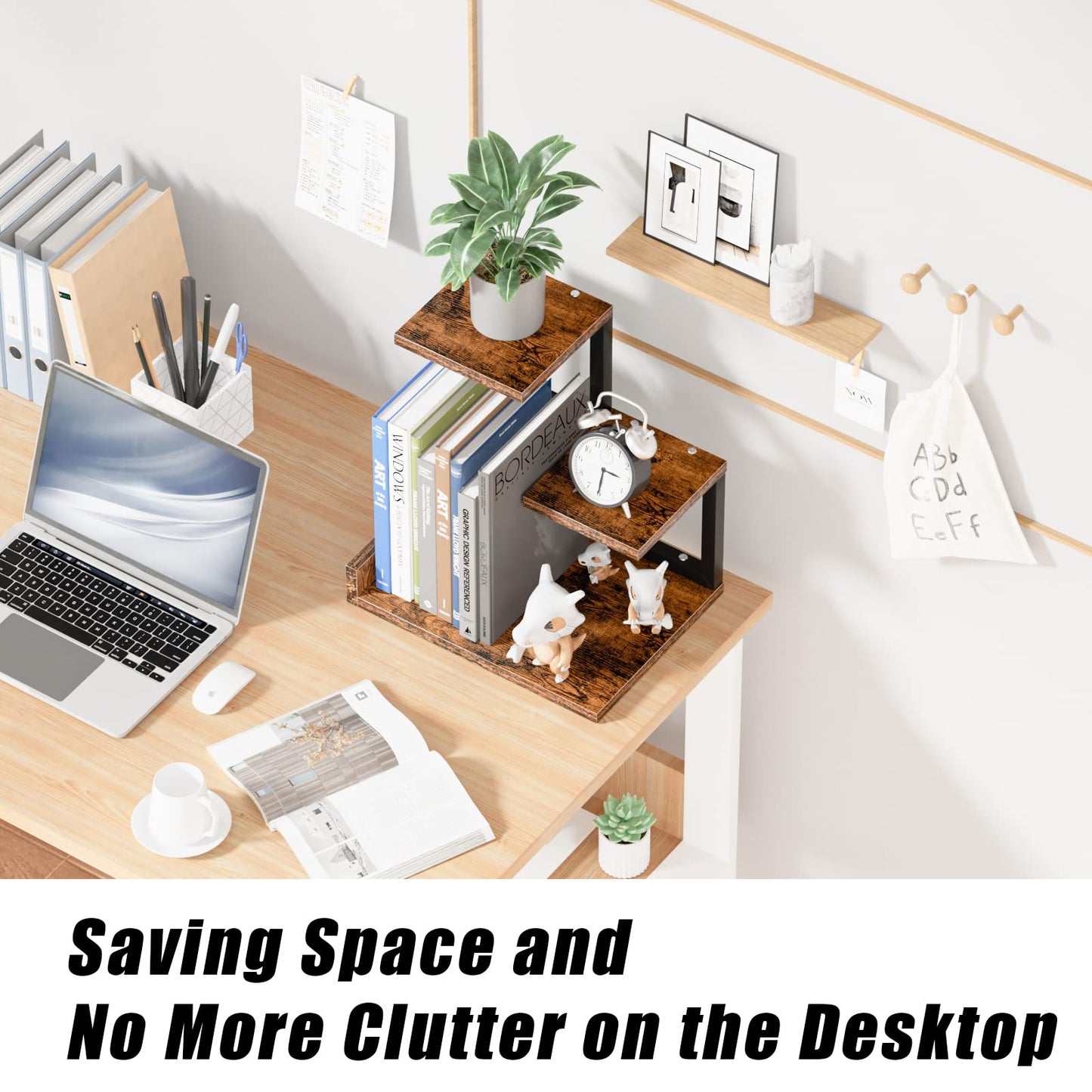 Wood Desktop Shelf - Freestanding Small Bookshelf Desk Hutch Supplies Organizers, 3 Tier Storage Display Display Rack Office Decor, Stand Shelves with Metal Frame for Books/Plants/Toys