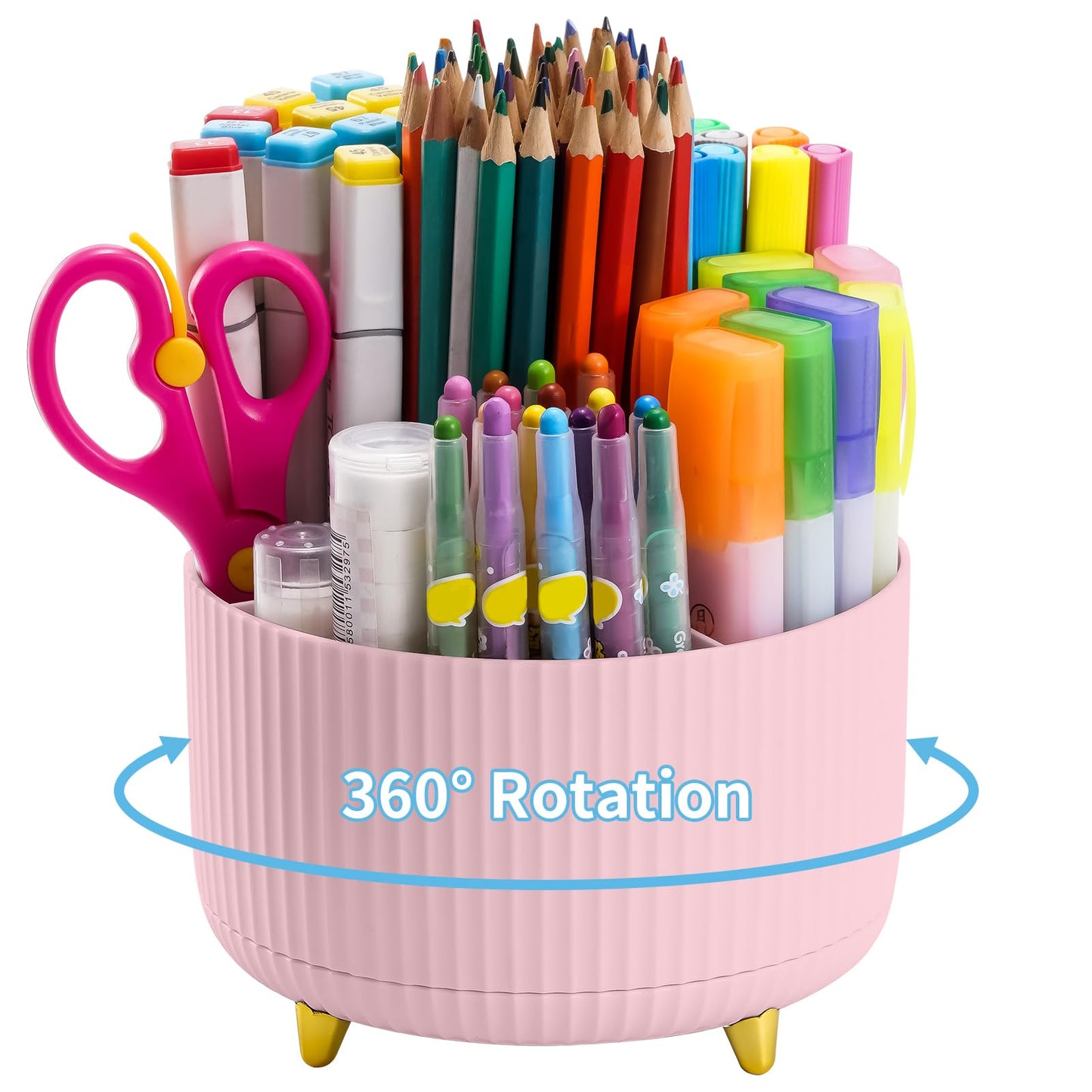 Desk Organizer, 360-Degree Rotating Pen Holder, Desk Organizers and Accessories with 5 Compartments Pencil Organizer, Art Supply Storage Box Caddy for Office, Home(Pink/Purple Random)