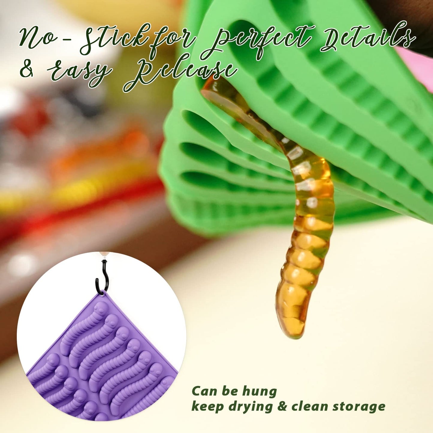 Gummy Worm Molds Silicone 6ML 14ML, 4PCS Non-Stick Silicone Large Worm Molds for Chocolate Gummy Candy 60 Cavity with 2 Droppers & Brush, Ideal Gift for Kids Adult Halloween Party