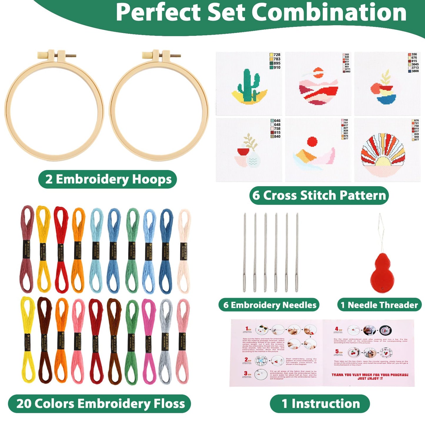 6PCS Cross Stitch Kits for Beginners DIY Embroidery Kit for Kids Adults Boho Cross Stitch Kits Christmas Birthday Gift Abstract Landscape Needlepoint Patterns with 2 Embroidery Hoops Craft Supplies