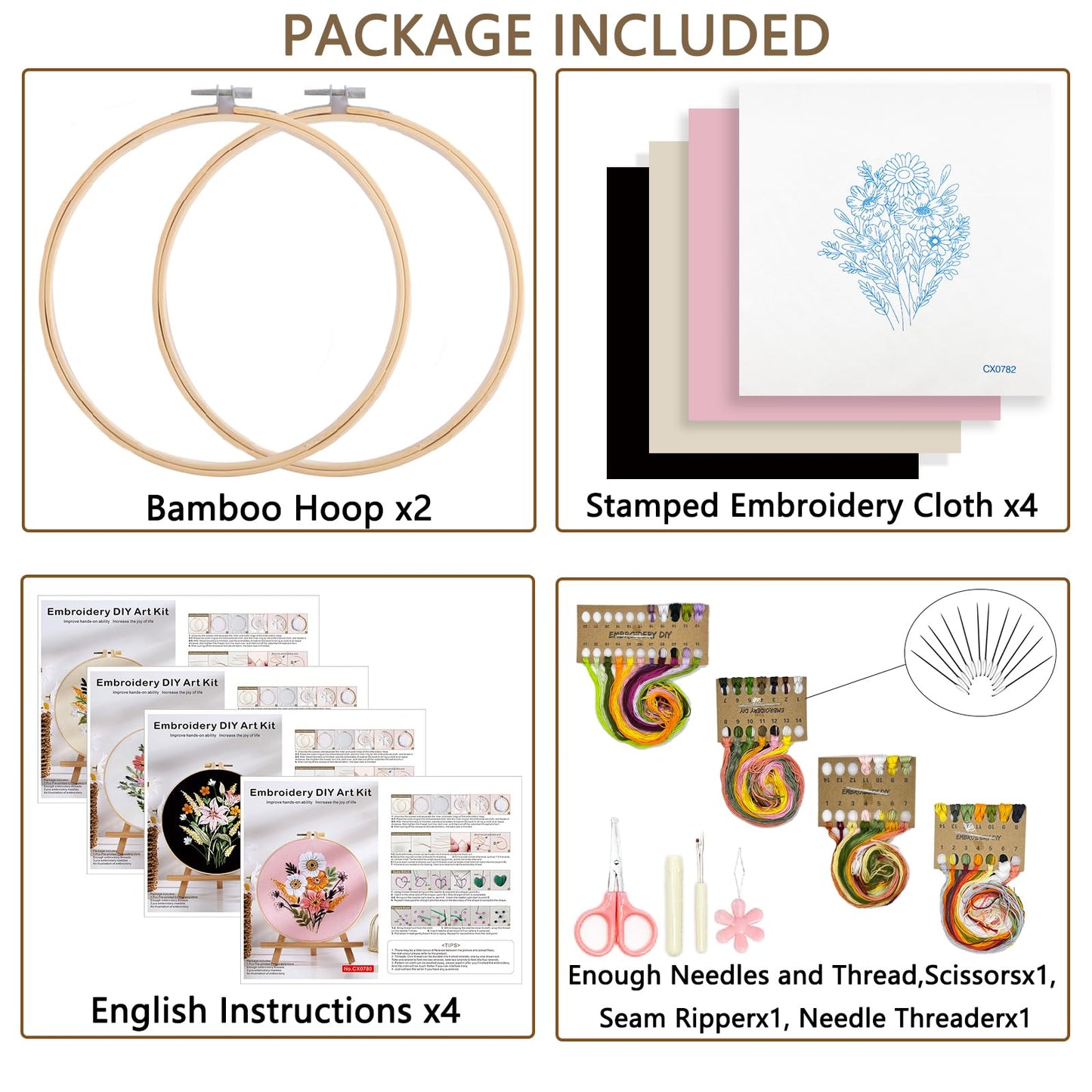 Flower Embroidery Kit for Beginners with Flower Pattern and Instructions,4 Pack Cross Stitch Kits,2 Wooden Embroidery Hoops,Threads and Needles,Needlepoint Kit for Adults