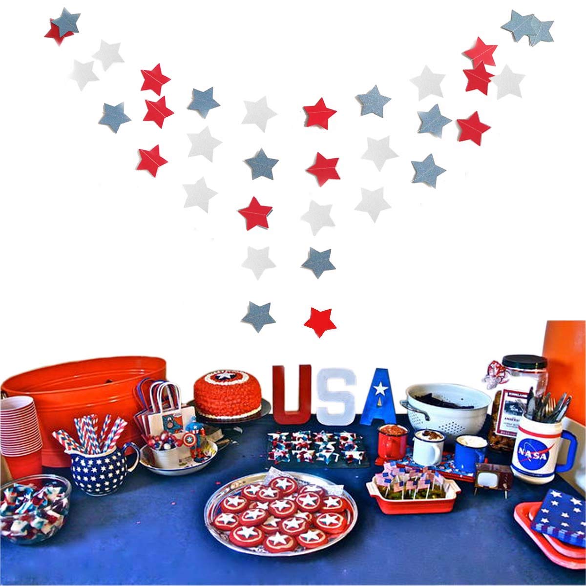 6 Pack Patriotic Star Streamers Garland Red White Blue Bunting Banner Paper Hanging Decorations for 4th of July American Independence Day Labor Day Holiday Memorial Day Party Supplies (50 Feet)