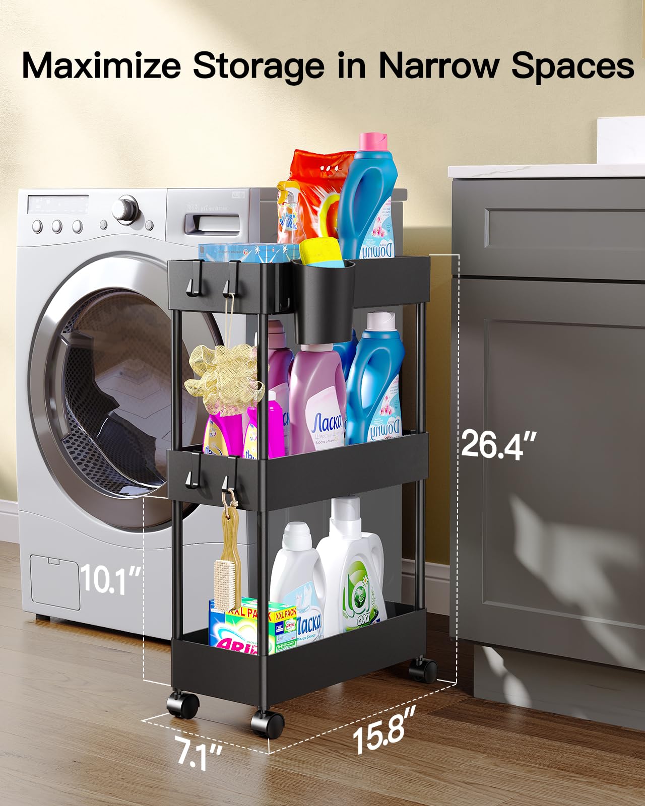 Slim Storage Cart with Wheels, Bathroom Cart Organizer Bathroom Storage Small, Rolling Cart for Bathroom, Laundry Room, Kitchen, Narrow Space, Black PIUC04