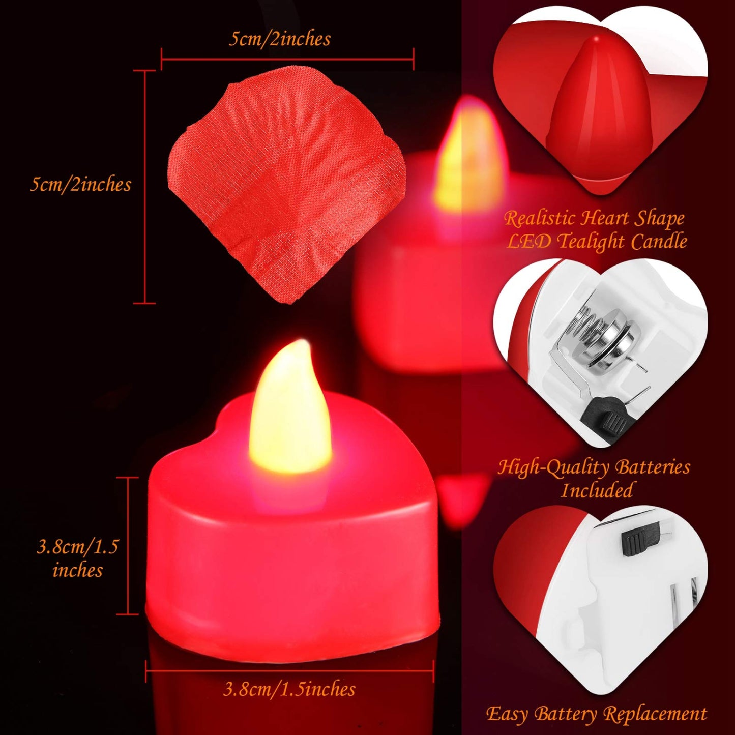 1000 Pieces Artificial Rose Petals with 24 Pcs Flameless Heart Shaped LED Tealights Candles Romantic Night Decorations for Wedding Anniversary Table Decor(Red)
