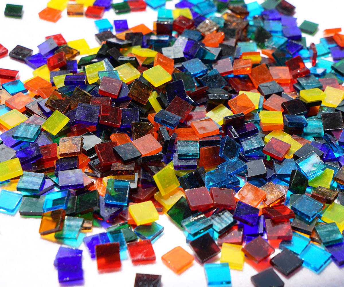 Transparent Square Glass Mosaic Tiles Pieces Stained Glass for Crafts, Mixed Colors and Patterns, 500g/1.1lb