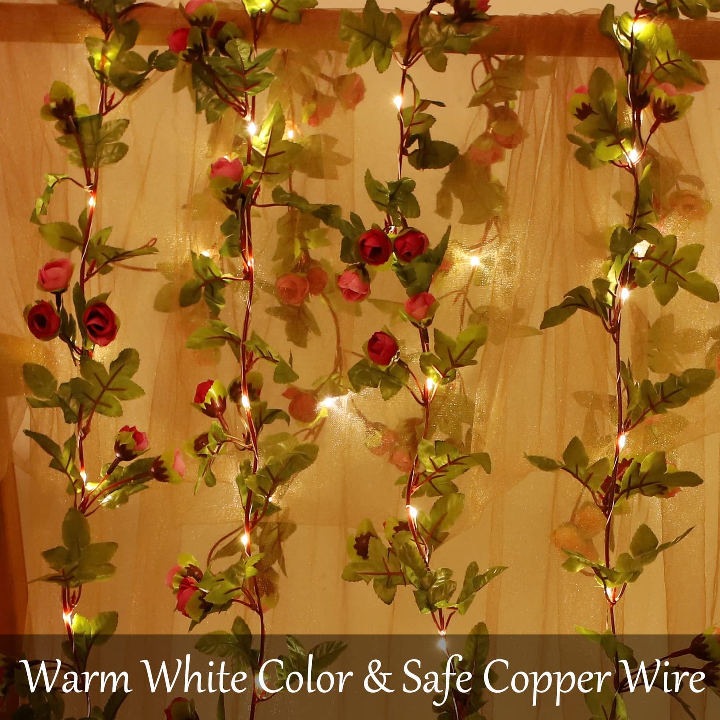 20 LED Rose Flower String Lights - 7.2ft Artificial Flower Garland with Fairy Lights for Valentine's Day, Garden Party, Wedding, Table Decor, Thanksgiving, Christmas