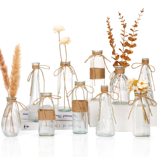 10pcs Small Flower Vases for Centerpieces, Clear Glass Vases with Rope Design for Flowers, Vintage Farmhouse Style Mini Bud Vases in Bulk for Home Table Decor Wedding Decorations