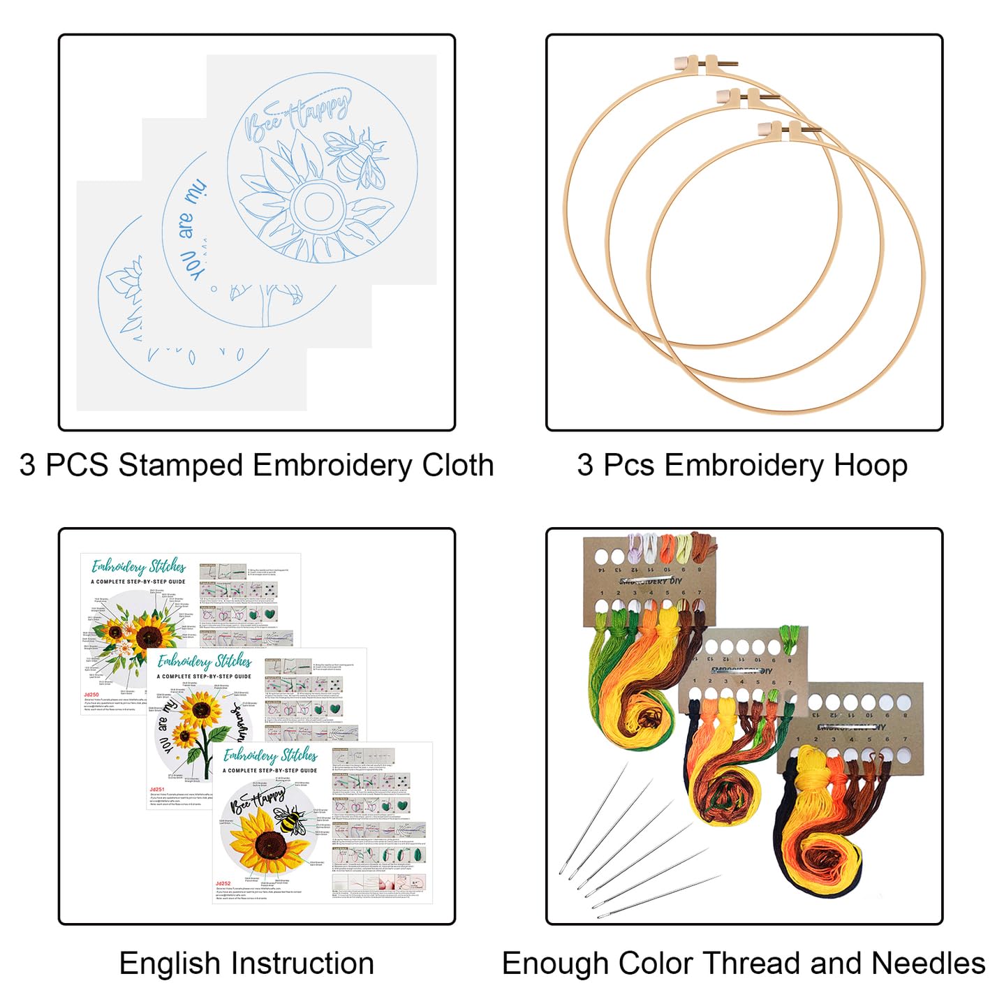 3 Sets Sunflowers Embroidery Kit for Beginners,Cross Stitch Kits for Adults with Summer Flowers Bee Stamped Pattern,Starters Needlepoint with Embroidery Instruction