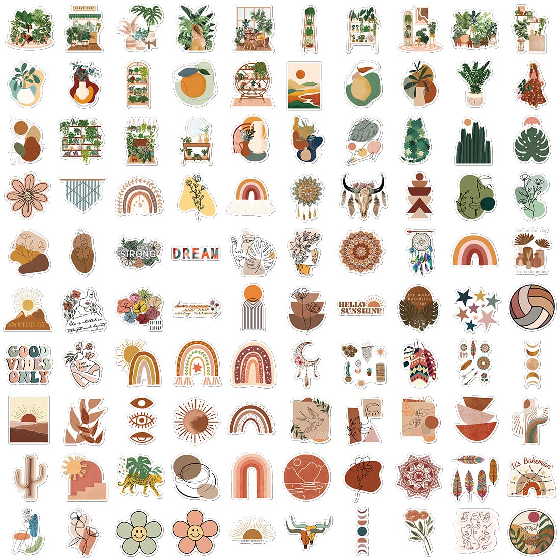 200 PCS Aesthetic Boho Stickers, Cute Vinyl Waterproof Stickers for Water Bottles Laptop Phone Journaling Scrapbook Junk Journal, Small Business Supplies, Plant Sticker Packs for Adults Teens